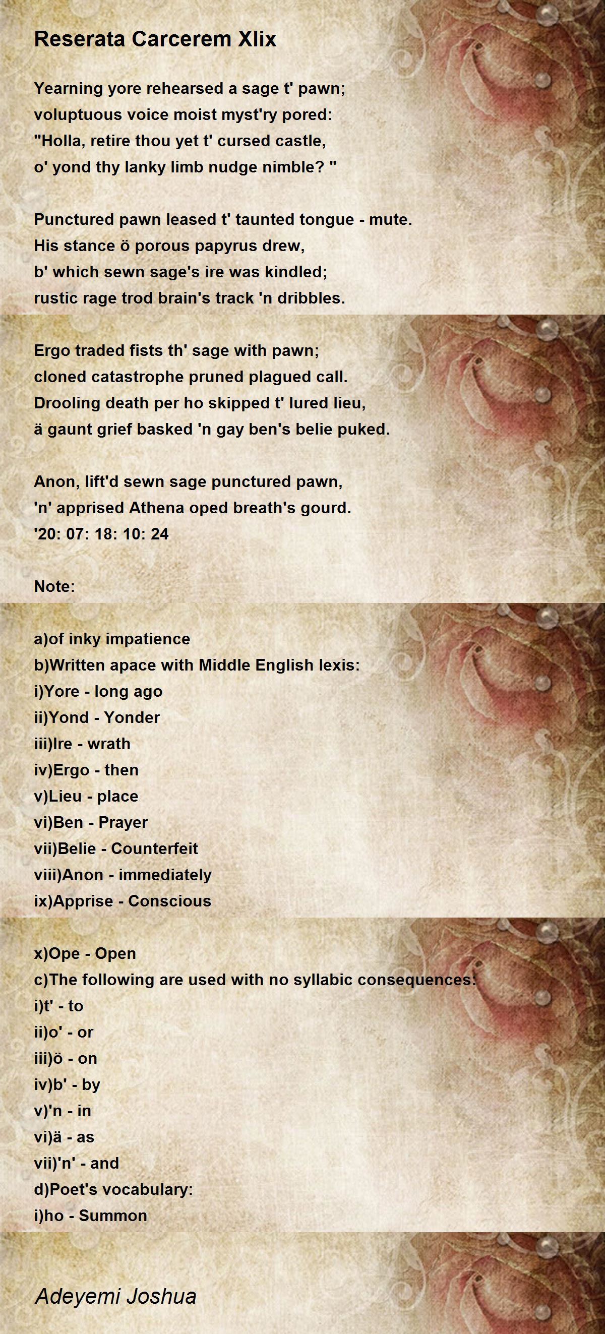 Reserata Carcerem Xlix Poem By Joshua Adeyemi Poem Hunter