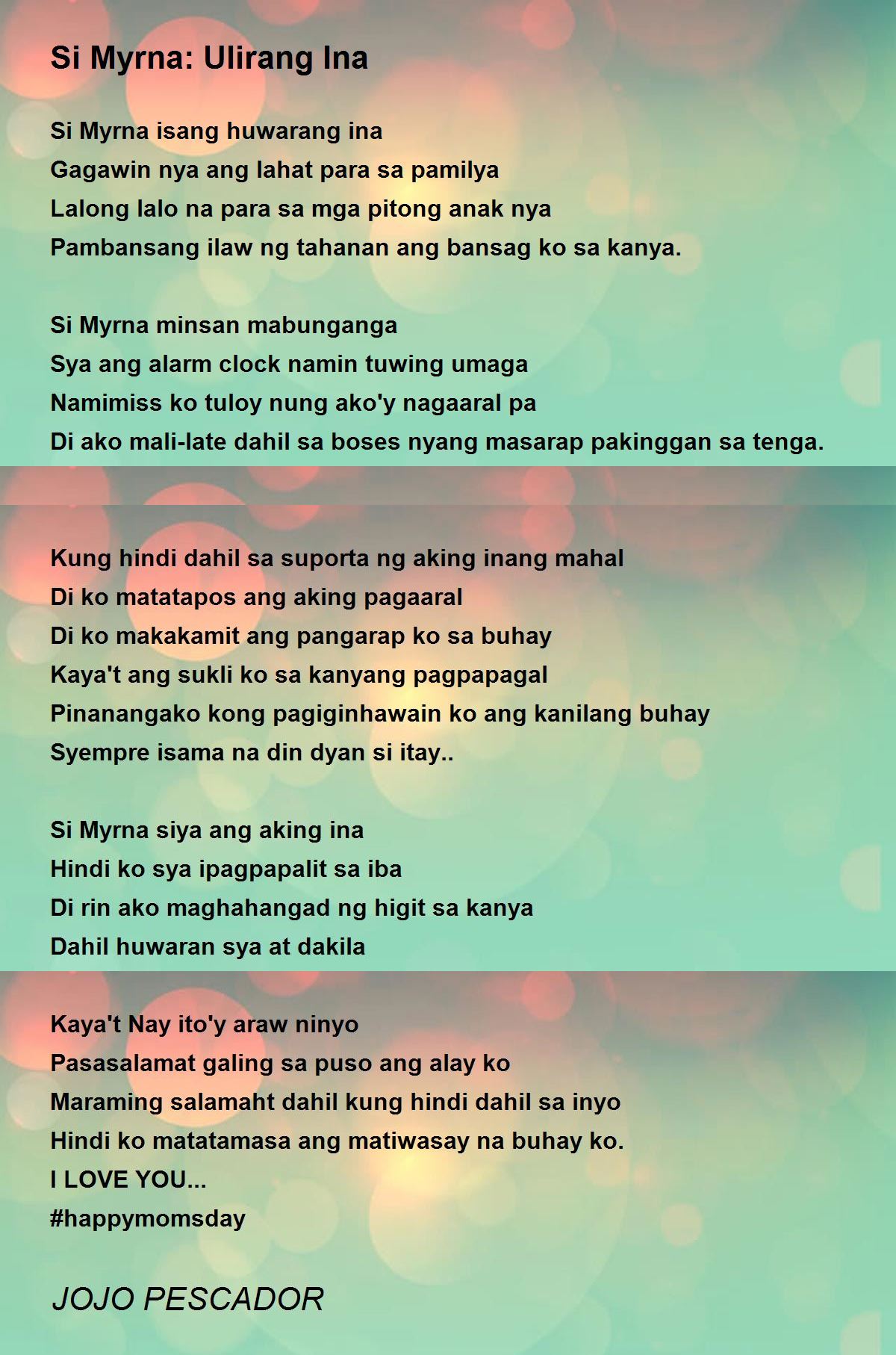 Si Myrna Ulirang Ina Poem by JOJO PESCADOR Poem Hunter