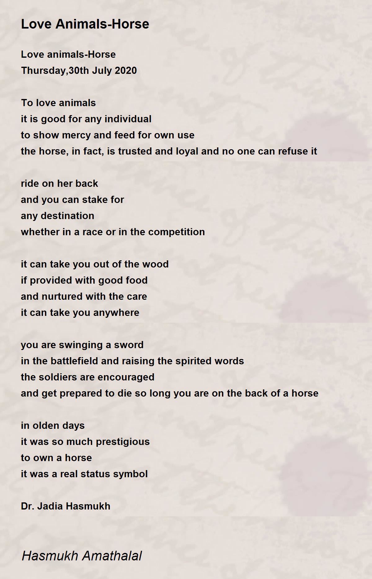 Love AnimalsHorse Love AnimalsHorse Poem by Mehta Hasmukh Amathaal