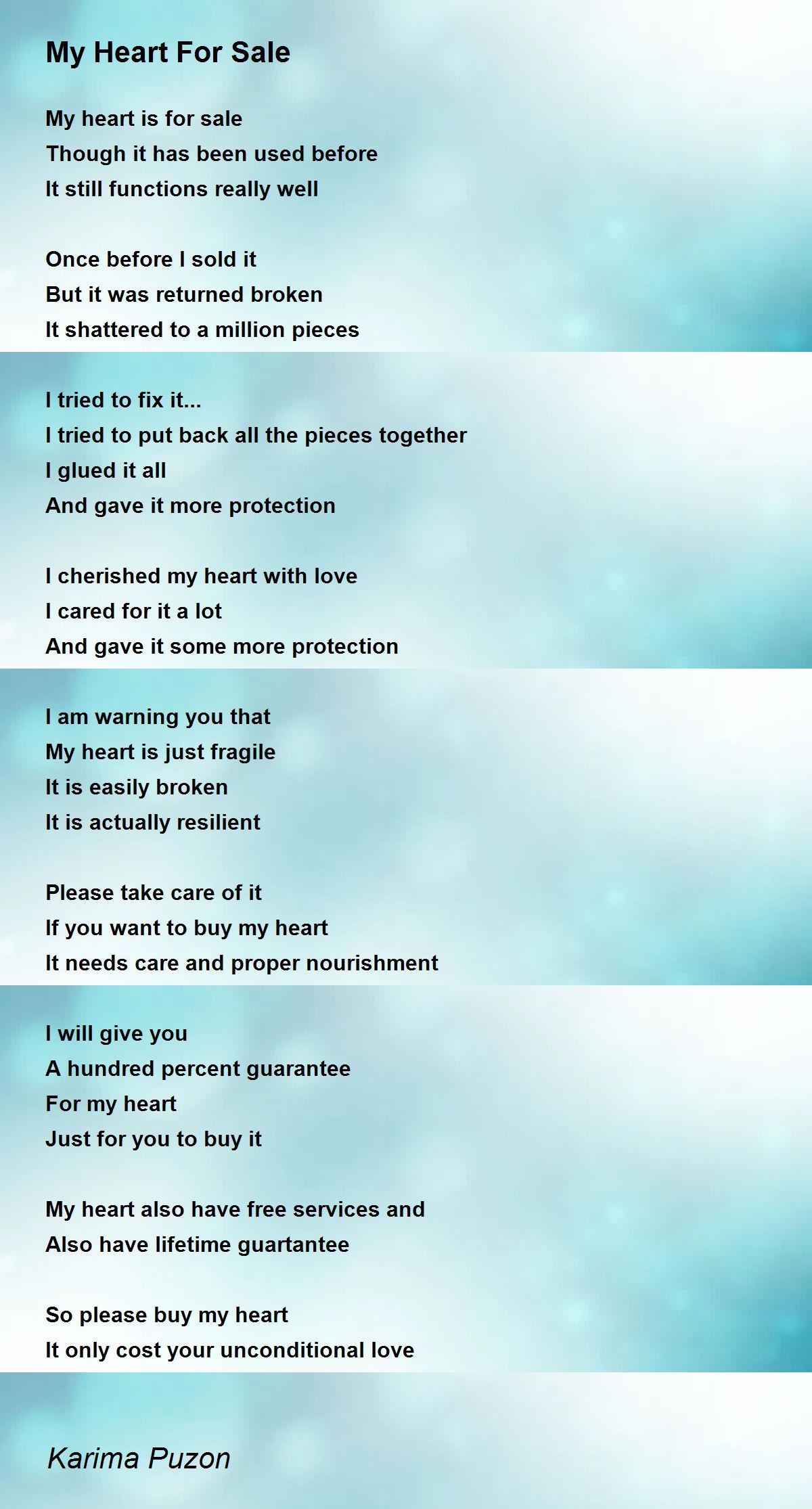 My Heart For Sale by Karima Puzon My Heart For Sale Poem