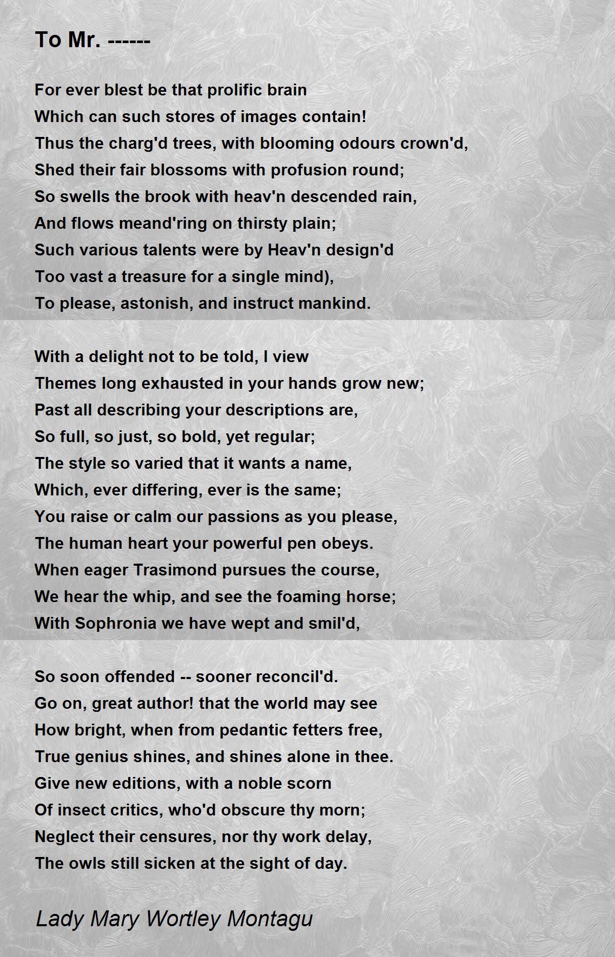 To Mr. To Mr. Poem by Lady Mary Wortley Montagu