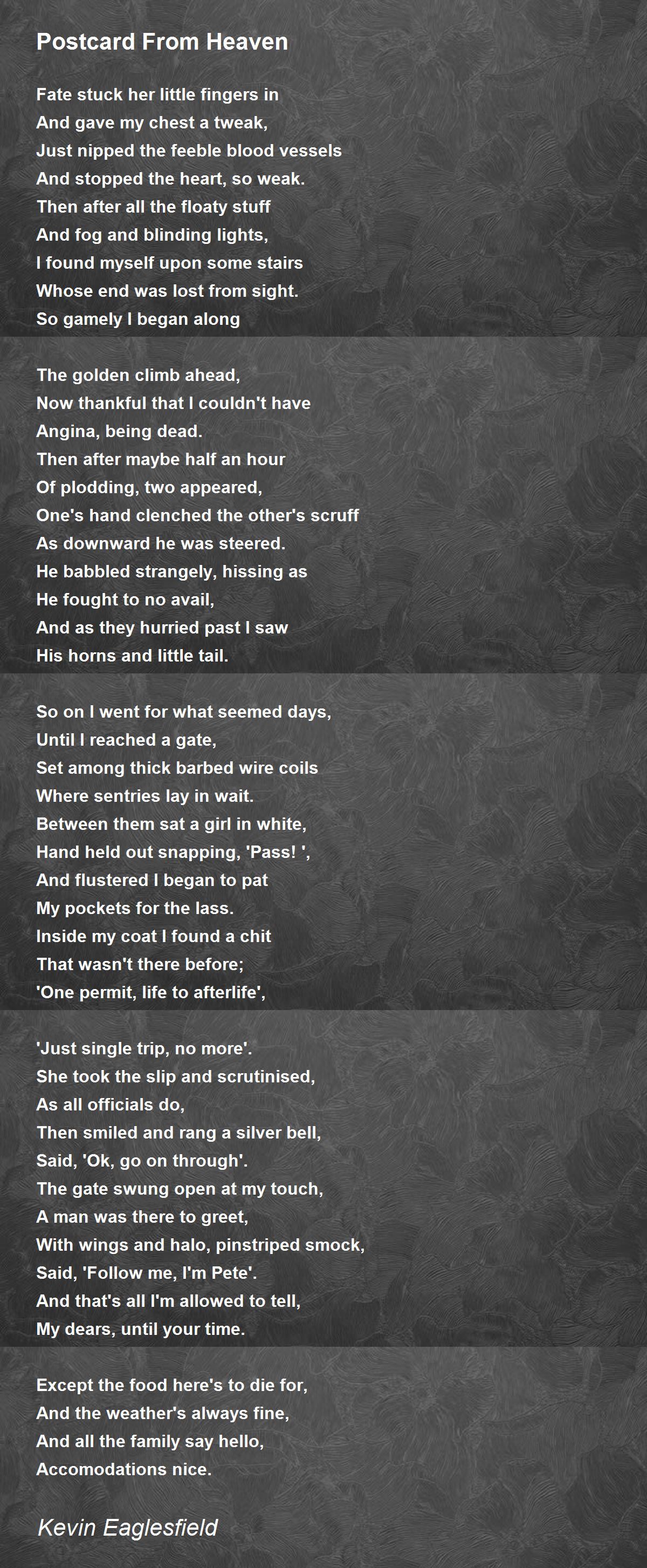 Postcard From Heaven Postcard From Heaven Poem by Kevin Eaglesfield