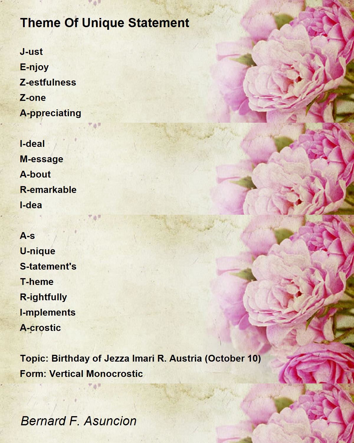 Theme Of Unique Statement Theme Of Unique Statement Poem by Bernard F