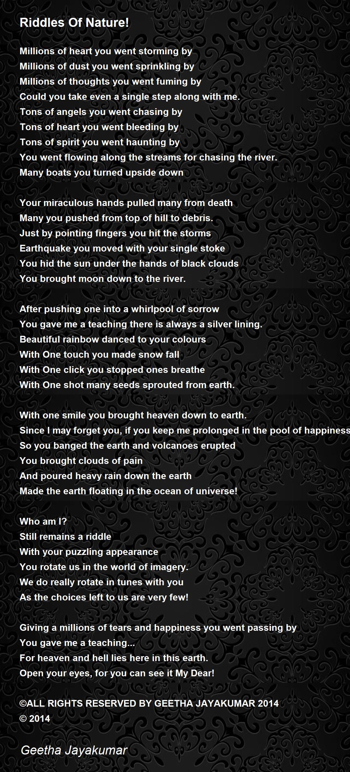 Bliv forvirret ankel Brandmand Riddles Of Nature! - Riddles Of Nature! Poem by Geetha Jayakumar