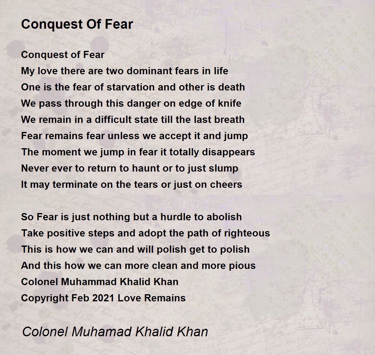 Conquest Of Fear Conquest Of Fear Poem by Colonel Muhamad Khalid Khan