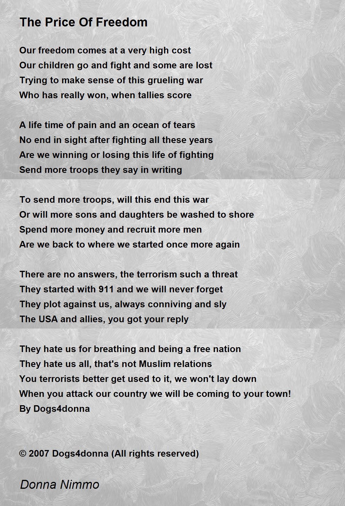 The Price Of Freedom The Price Of Freedom Poem by Donna Nimmo