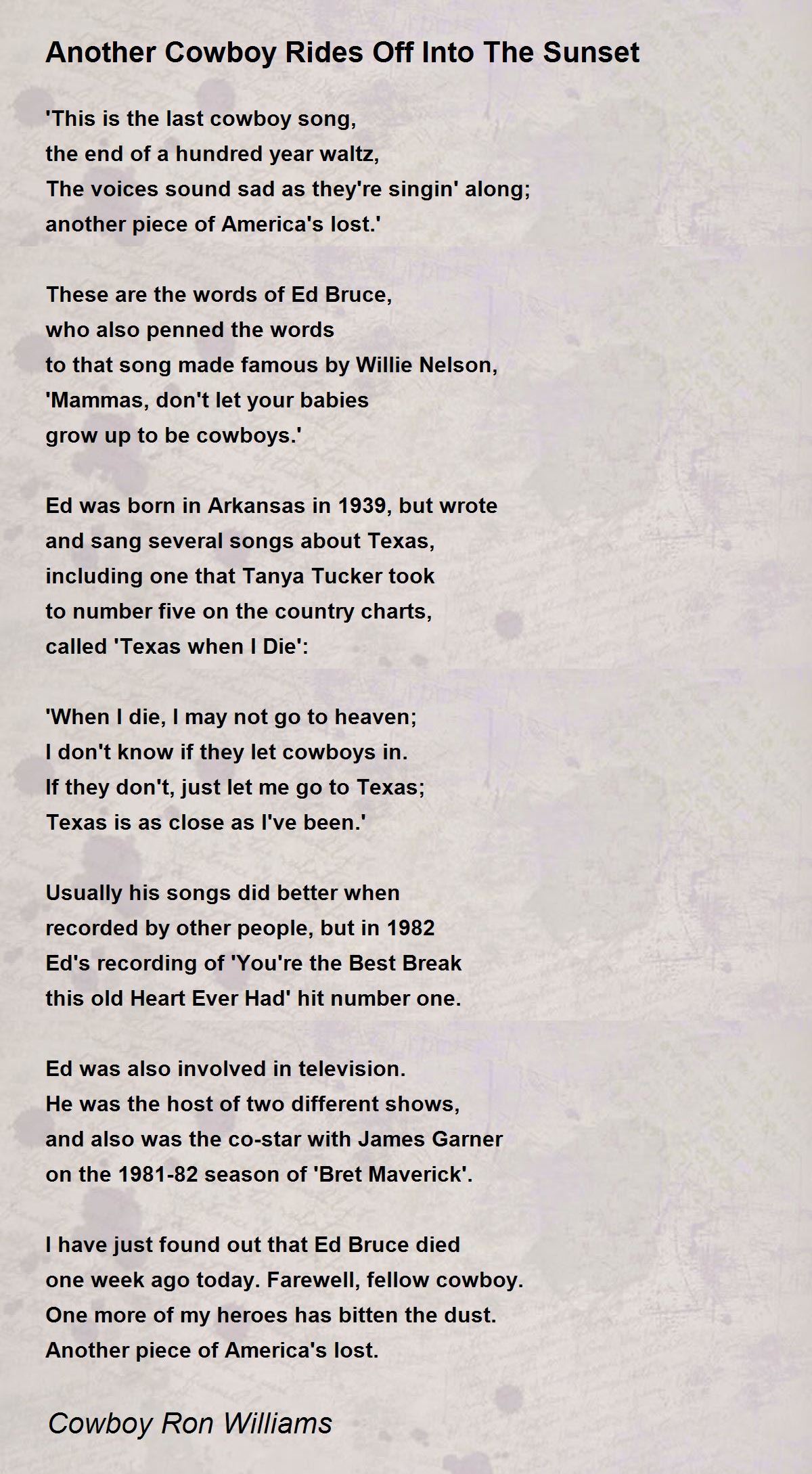 Another Cowboy Rides Off Into The Sunset By Cowboy Ron Williams Another Cowboy Rides Off Into The Sunset Poem