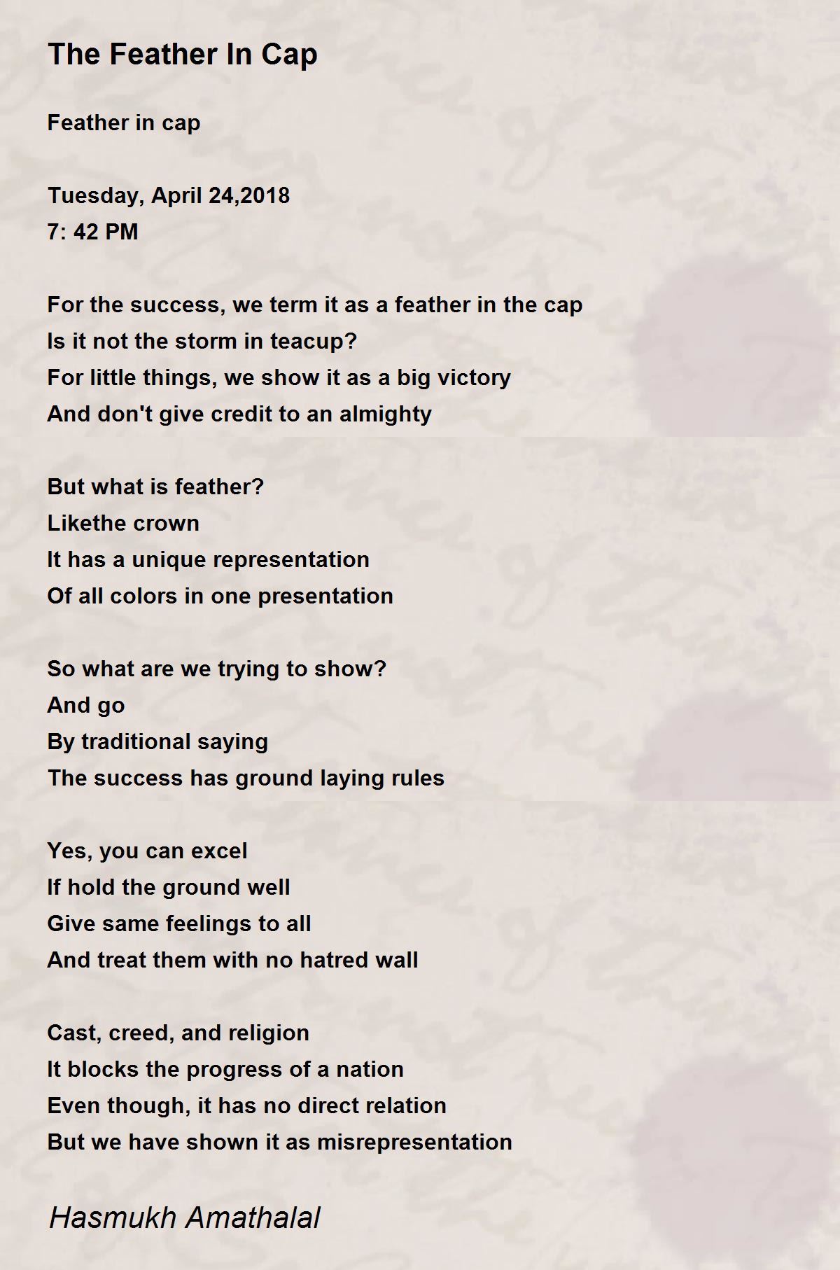 The Feather In Cap by Mehta Hasmukh Amathalal The Feather In Cap Poem