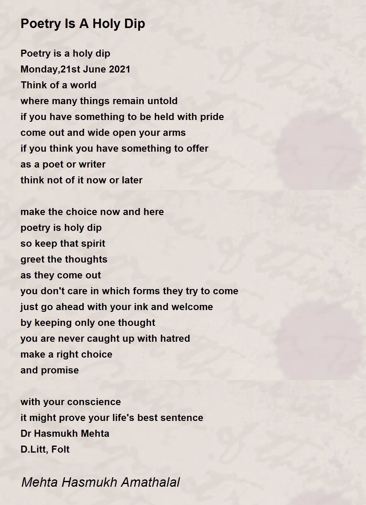 Poetry Is A Holy Dip by Mehta Hasmukh Amathalal Poetry Is A Holy Dip Poem