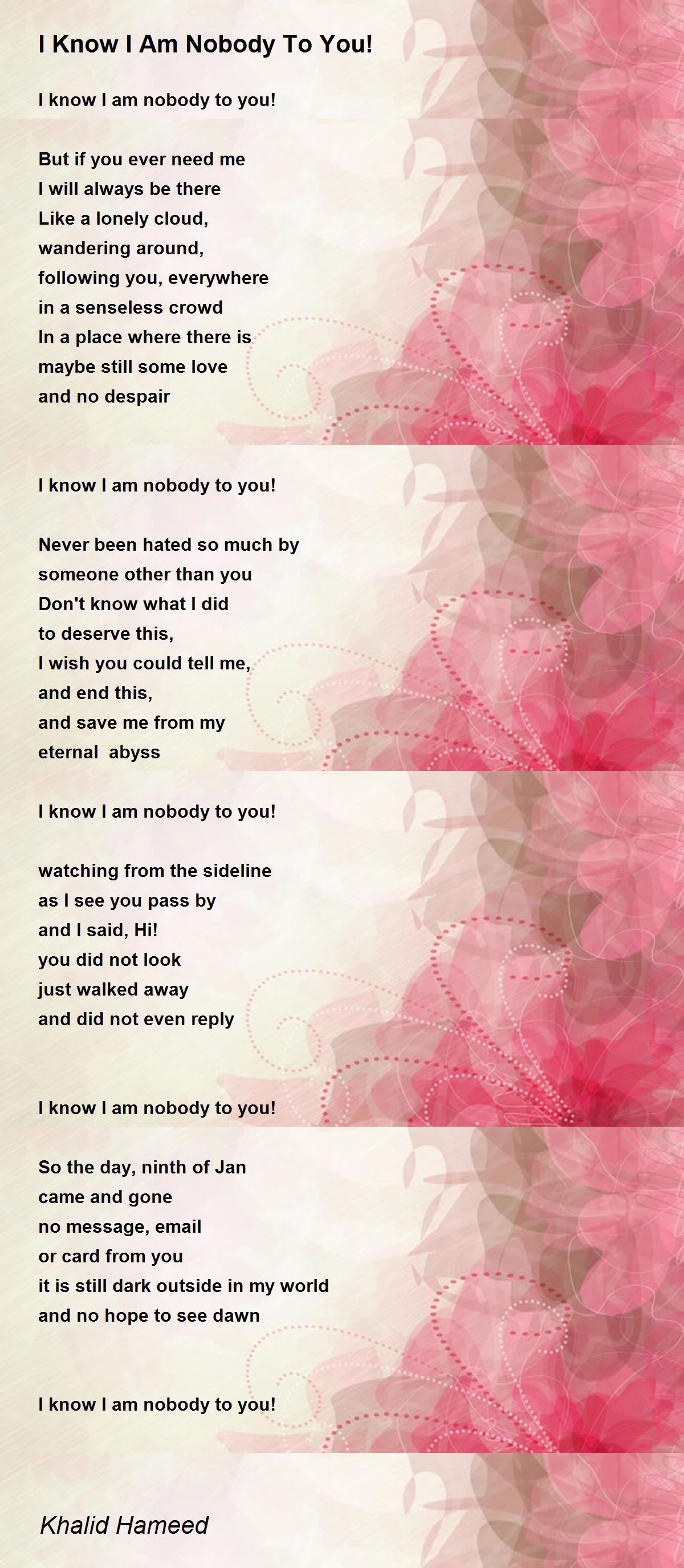 I Know I Am Nobody To You By Khalid Hameed I Know I Am Nobody To You Poem