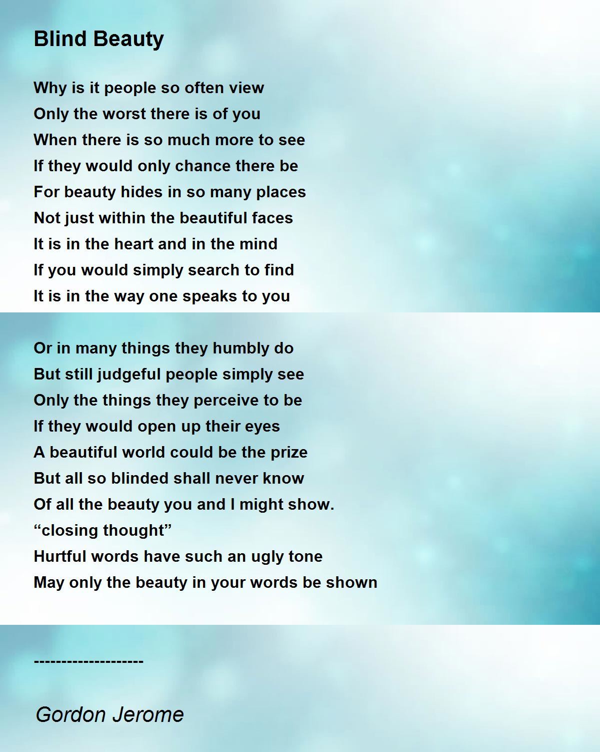 Blind Beauty By Gordon Jerome Blind Beauty Poem Blind Beauty By Gordon Jerome Blind Beauty Poem