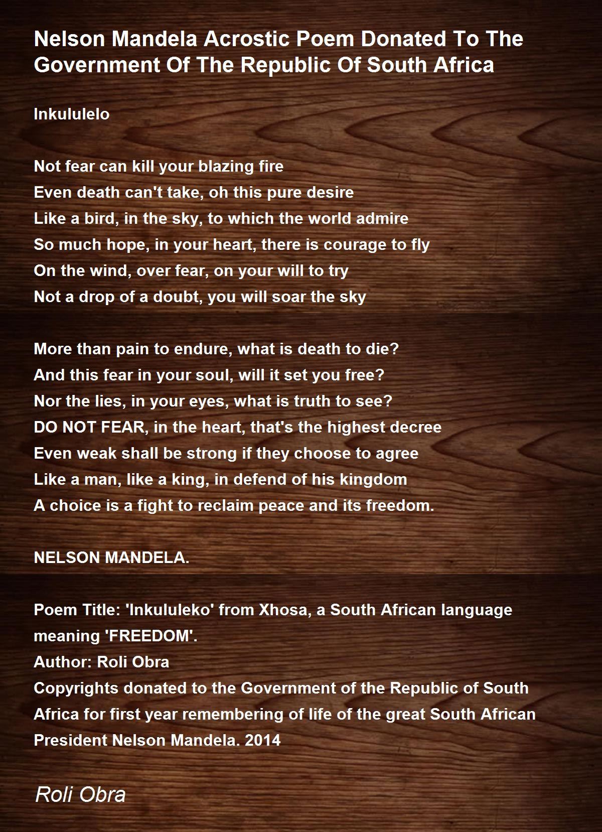 Nelson Mandela Acrostic Poem Donated To The Government Of The Republic