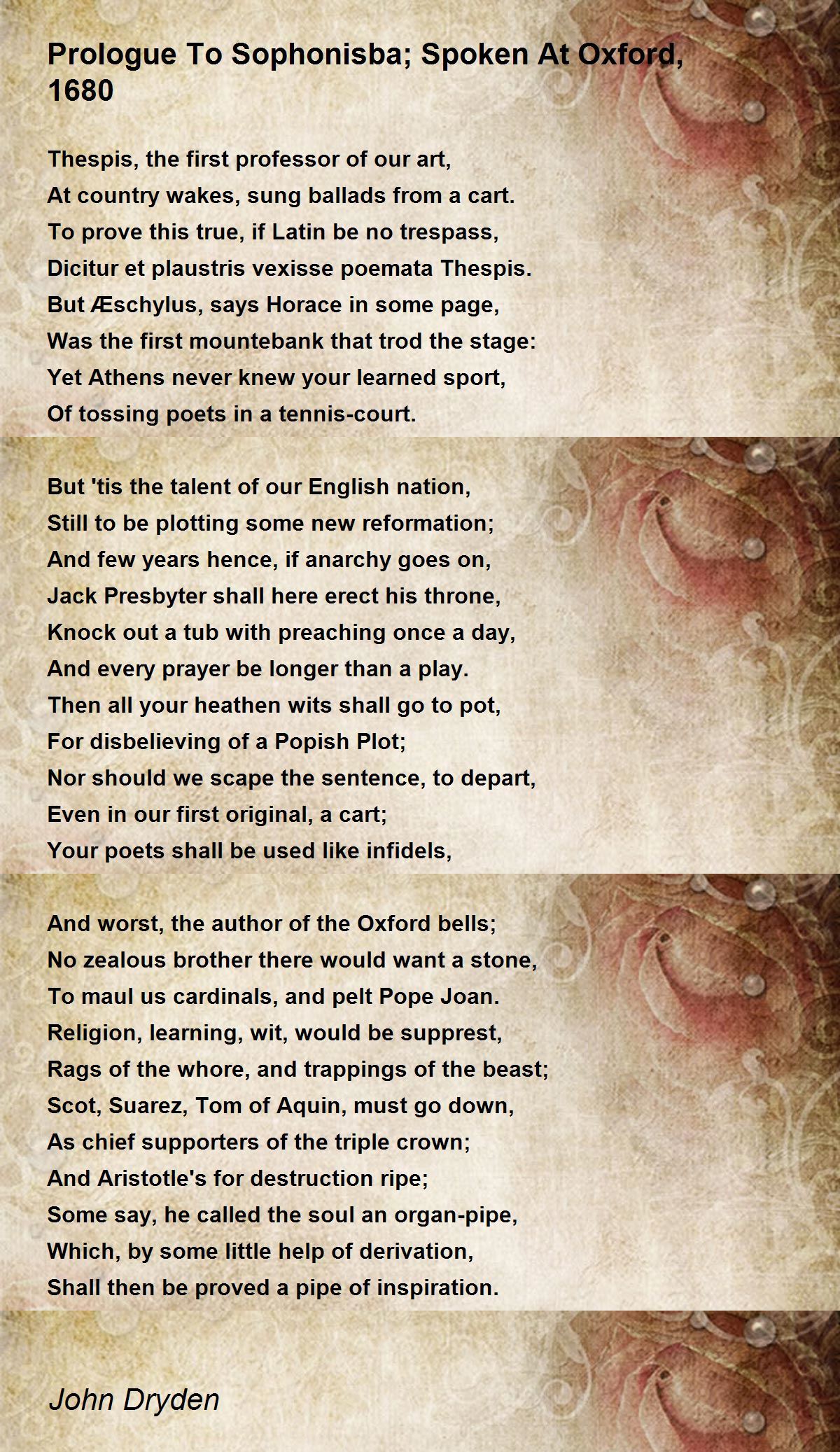 Prologue To Sophonisba; Spoken At Oxford, 1680 Prologue To Sophonisba