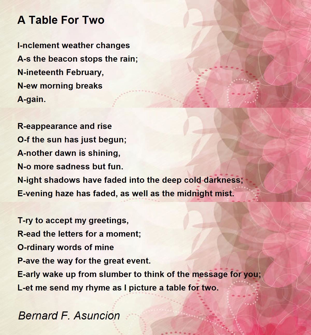 A Table For Two by Bernard F. Asuncion A Table For Two Poem