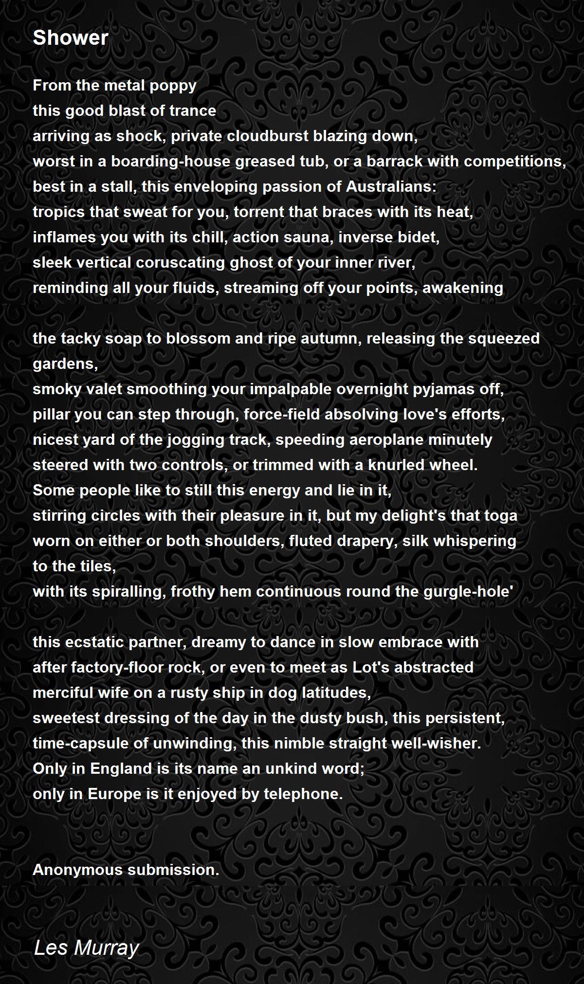 Shower Shower Poem by Les Murray