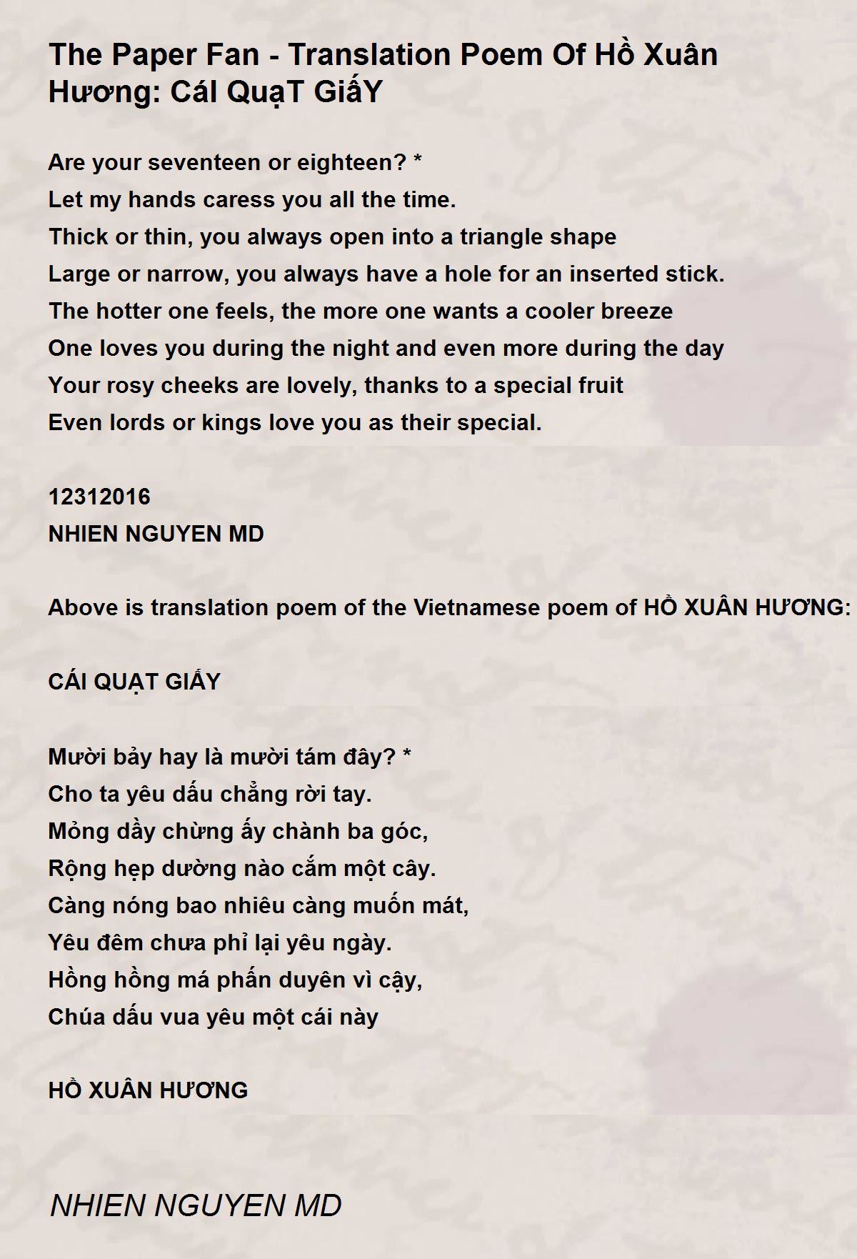 The Paper Fan Translation Poem Of Hồ Xuân Hương CáI QuạT GiấY by NHIEN NGUYEN MD The Paper