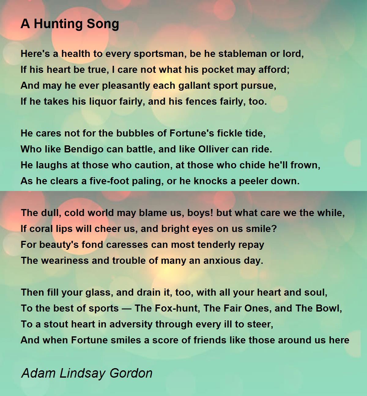 A Hunting Song A Hunting Song Poem by Adam Lindsay Gordon