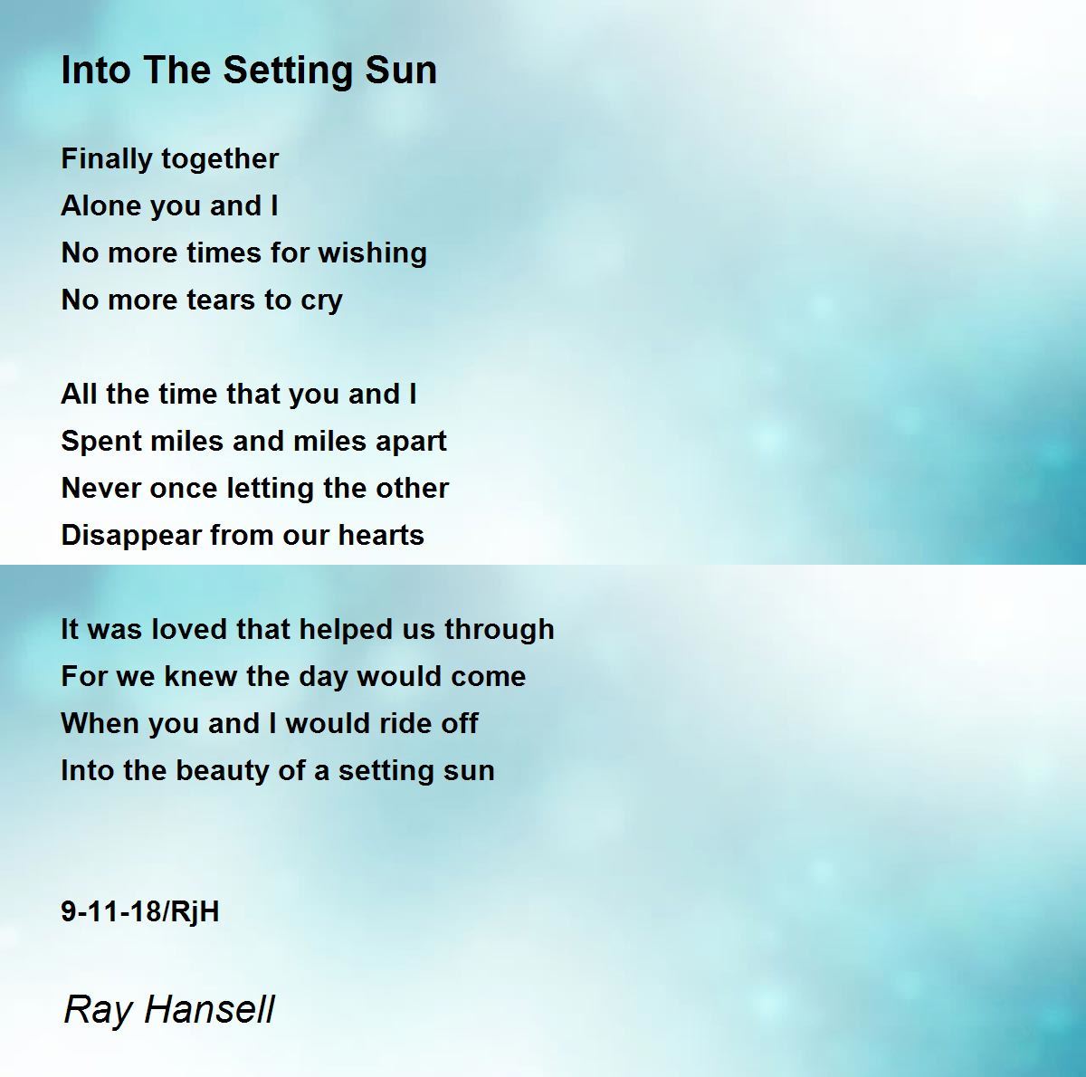 Into The Setting Sun Poem by Ray Hansell Poem Hunter
