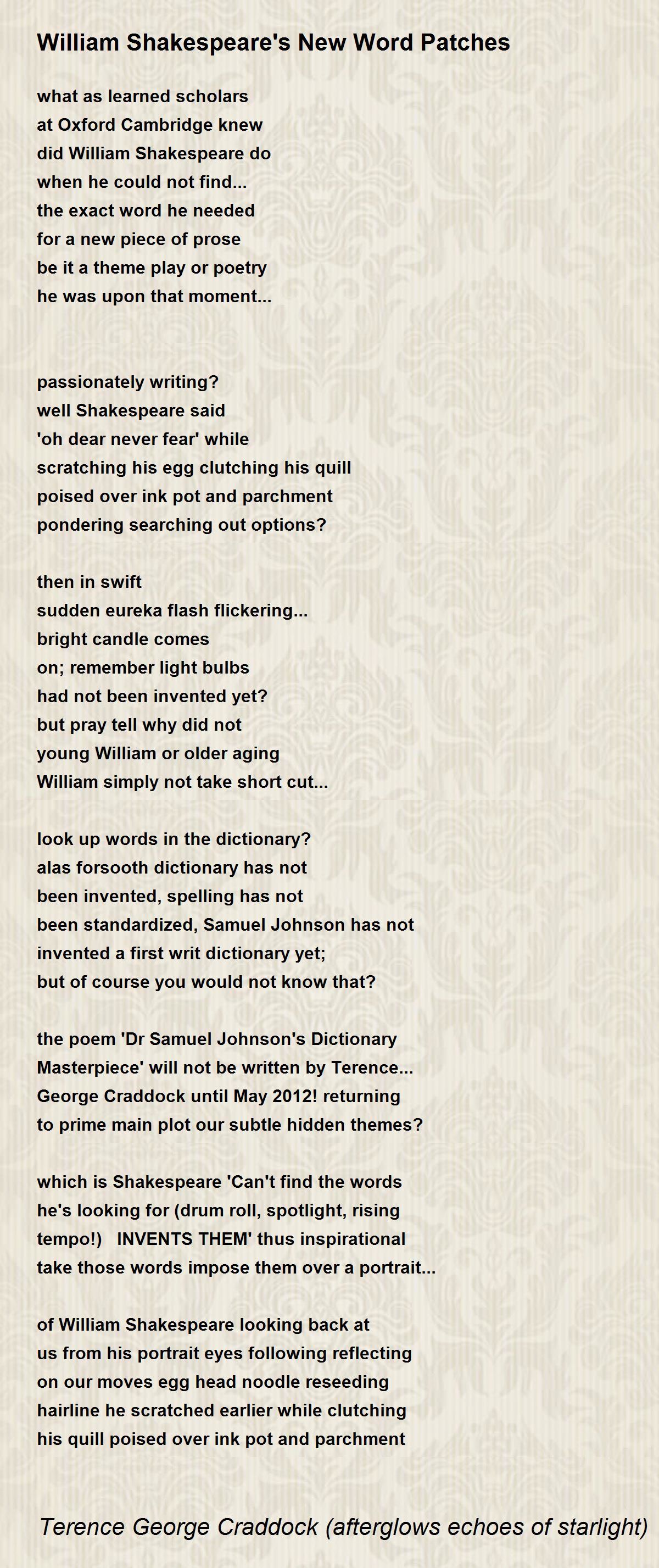 William Shakespeare s New Word Patches By Terence Craddock William Shakespeare s New Word 