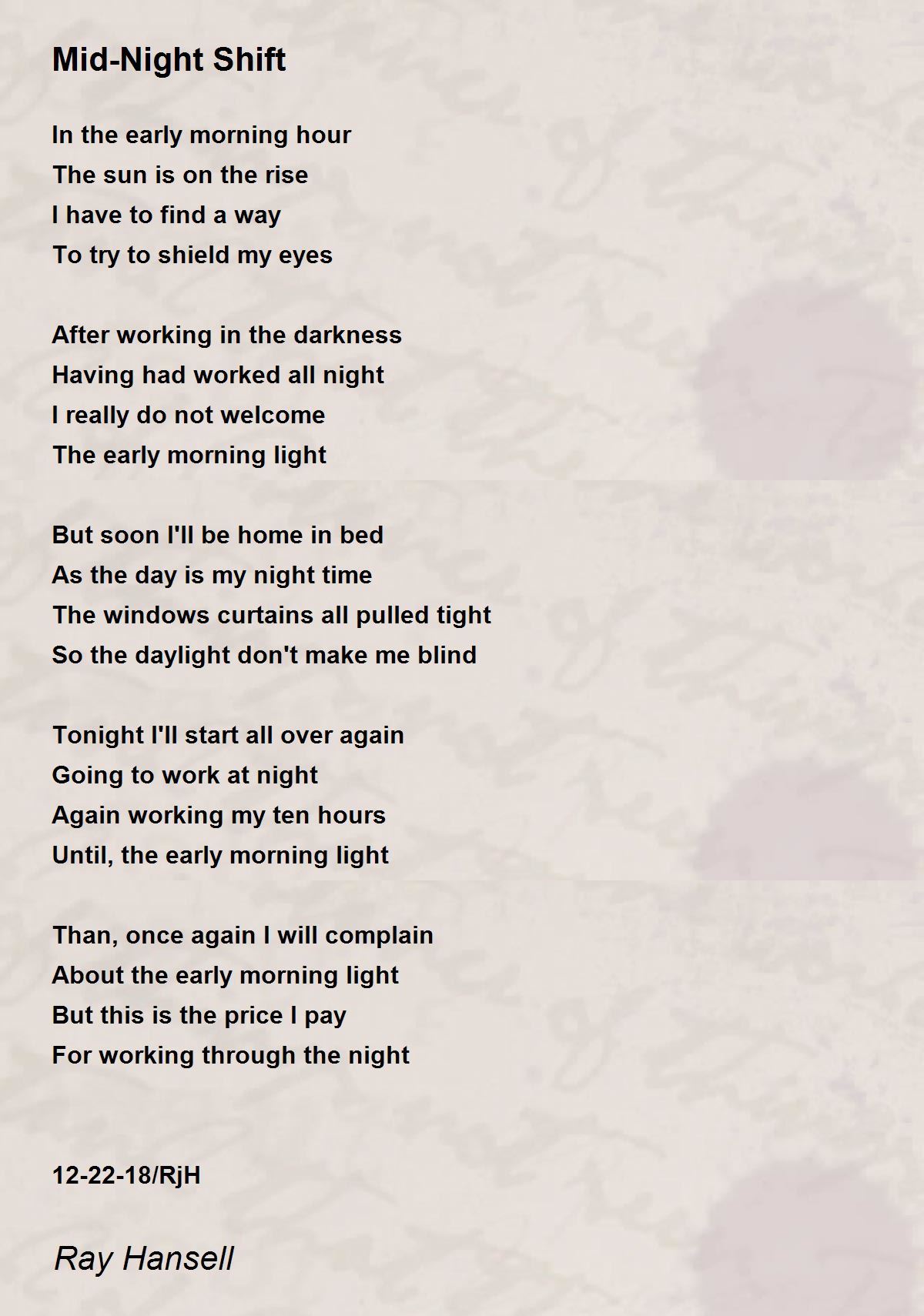 Mid Night Shift Mid Night Shift Poem By Ray Hansell