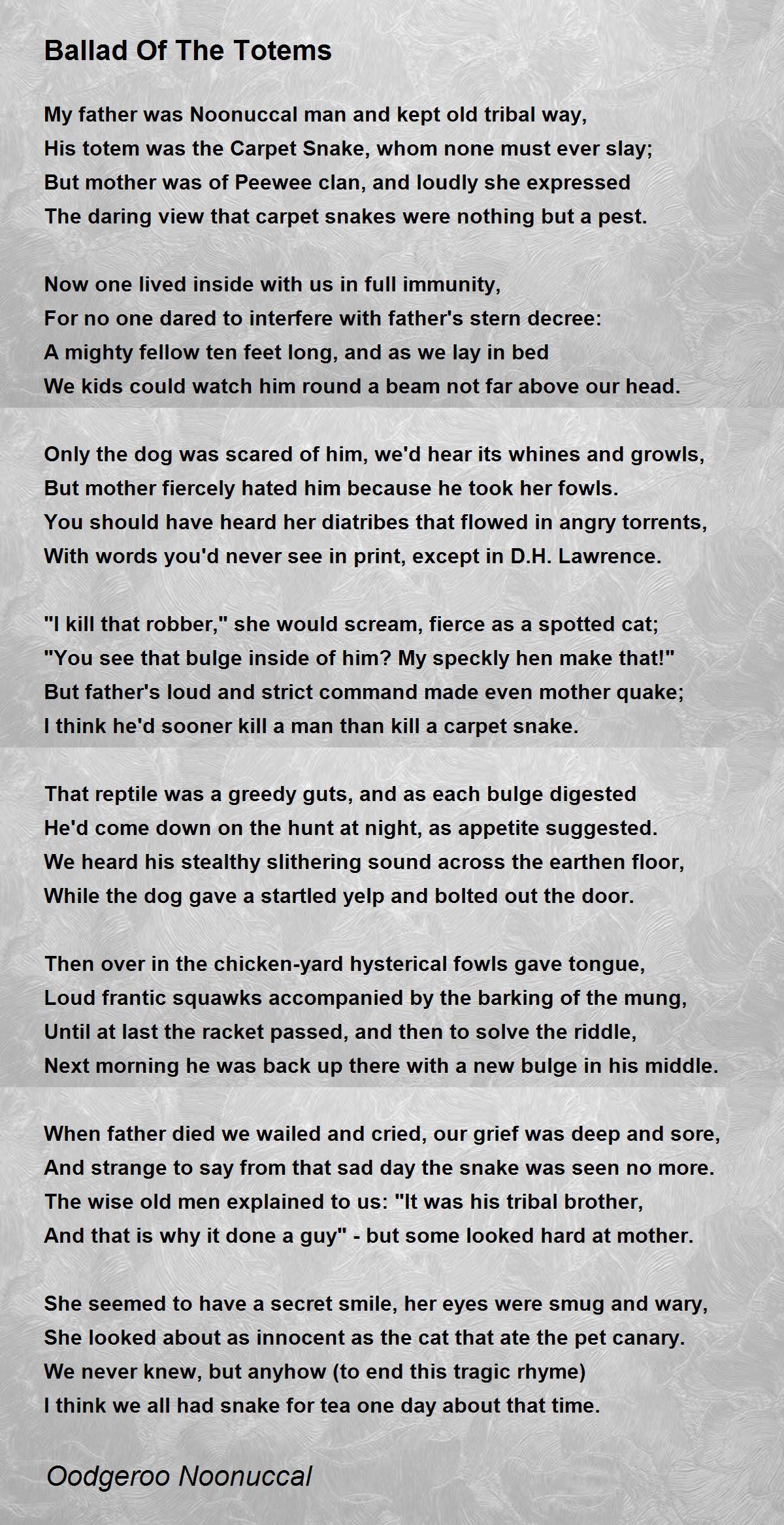 Ballad Of The Totems Poem by Oodgeroo Noonuccal - Poem Hunter