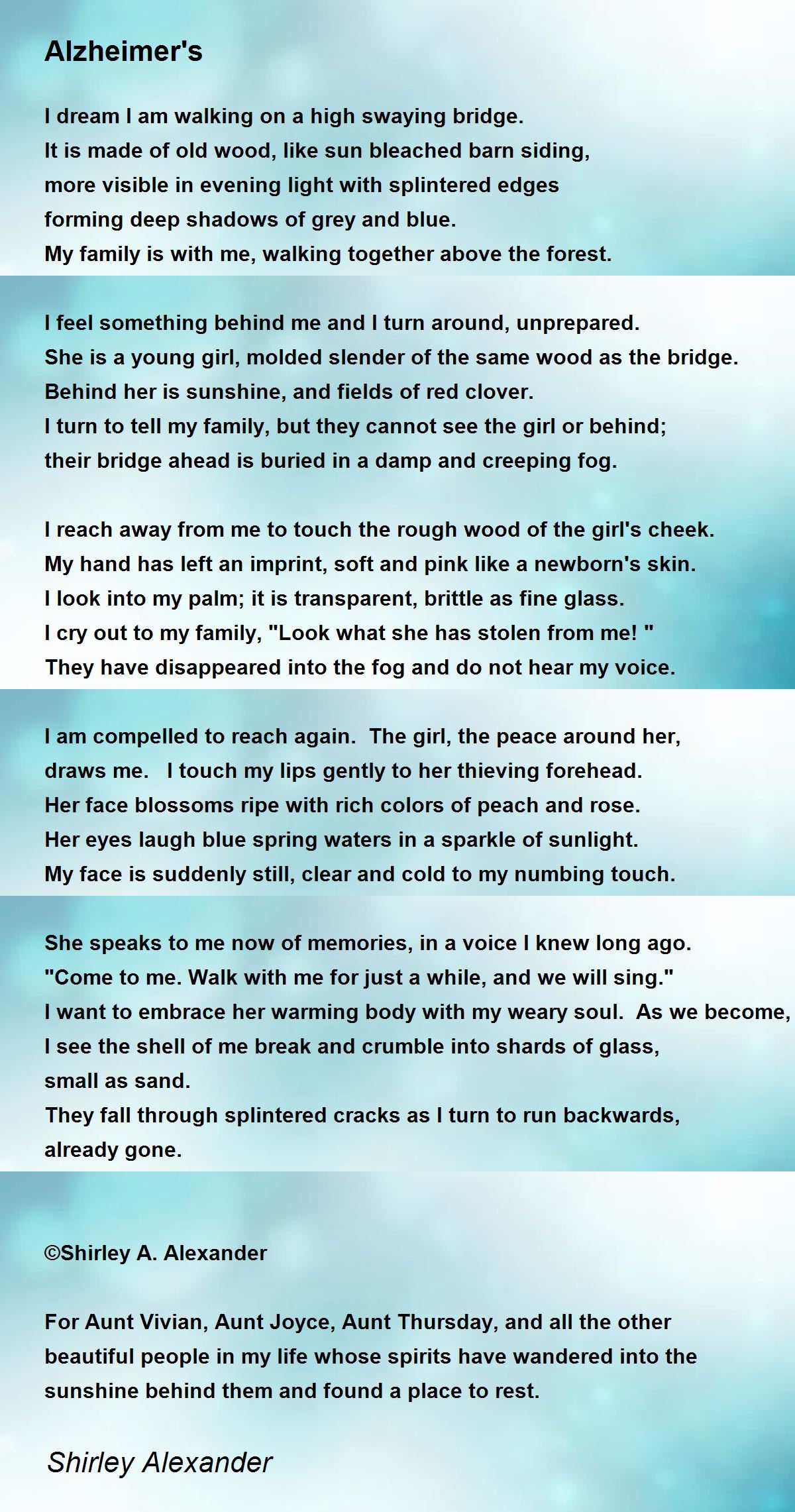 Alzheimer's - Alzheimer's Poem by Shirley Anne Alexander