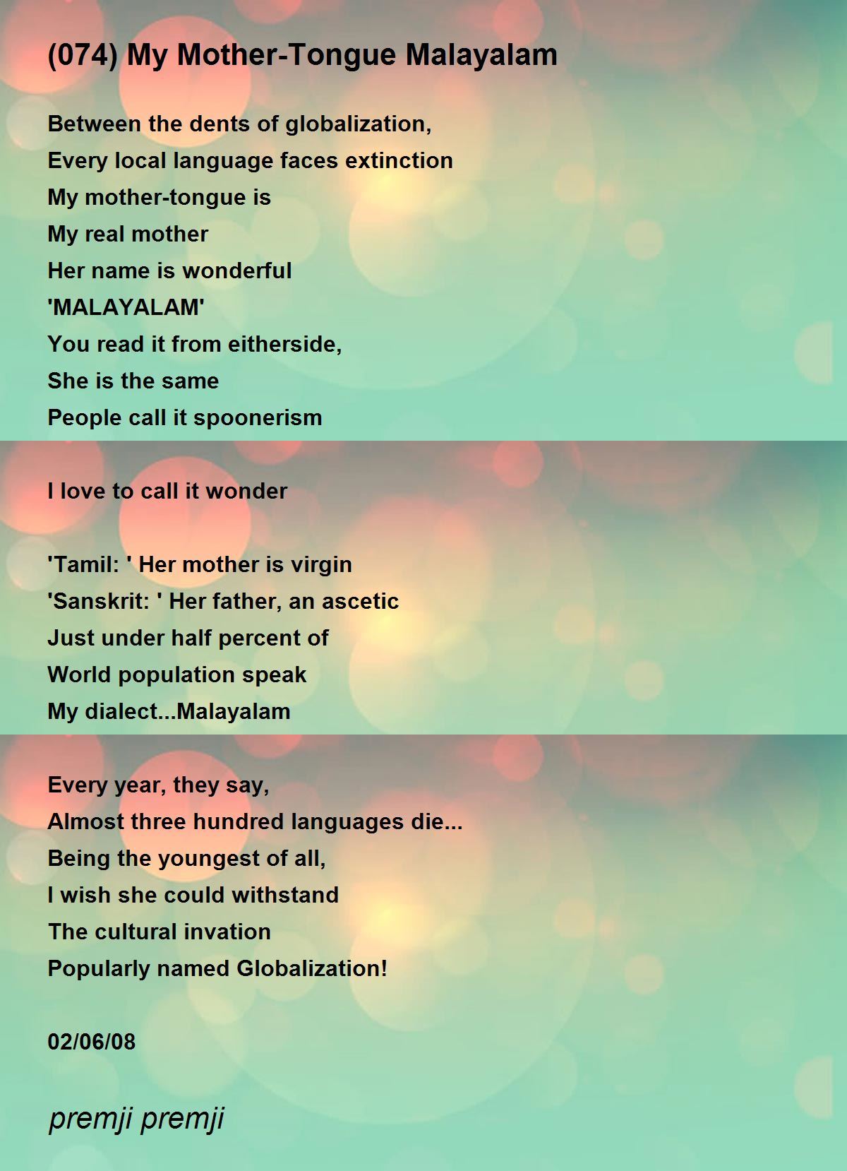 (074) My Mother-Tongue Malayalam Poem by premji premji - Poem Hunter