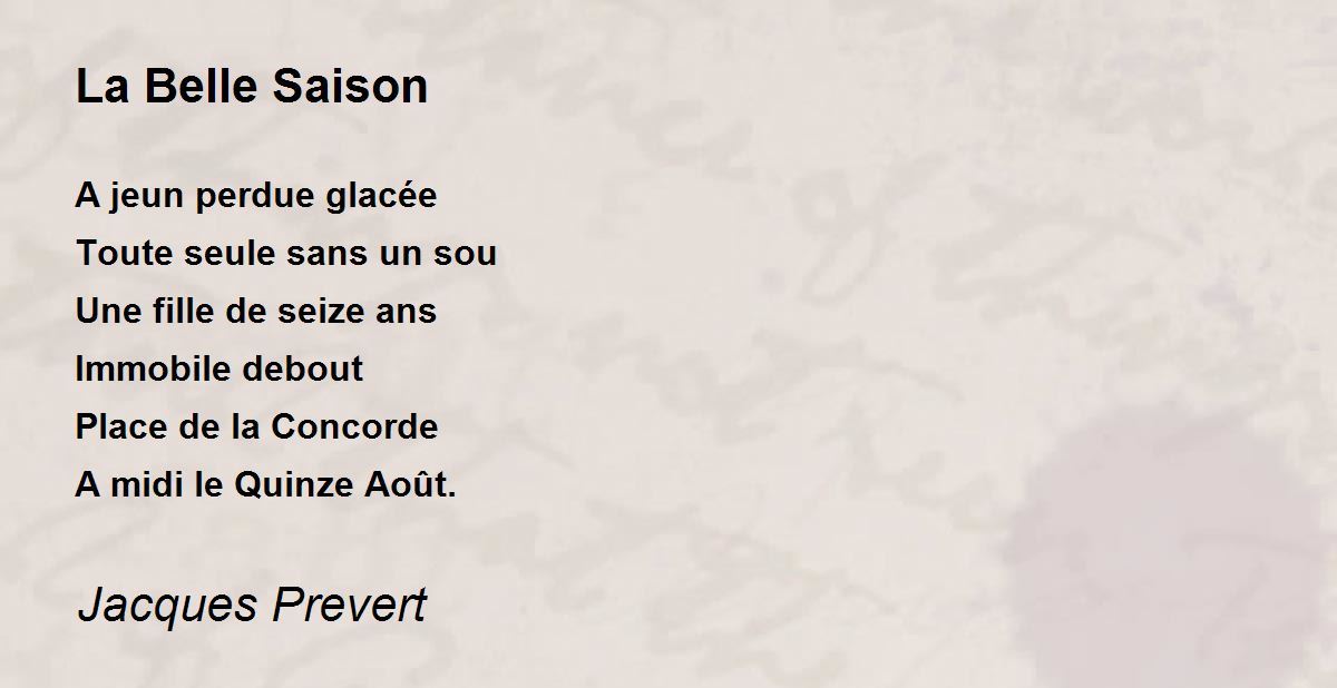 La Belle Saison La Belle Saison Poem by Jacques Prevert