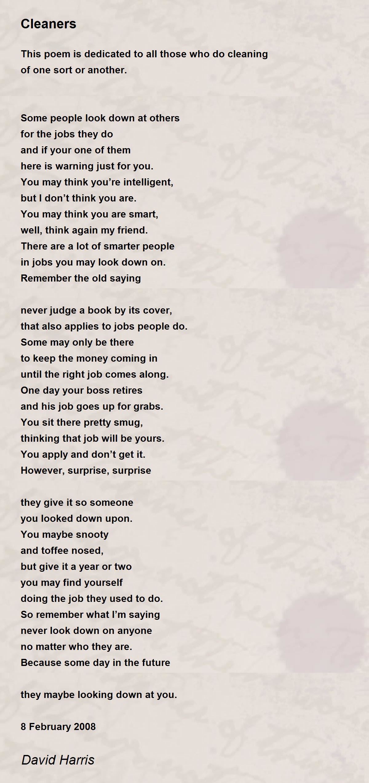 Cleaners Cleaners Poem by David Harris