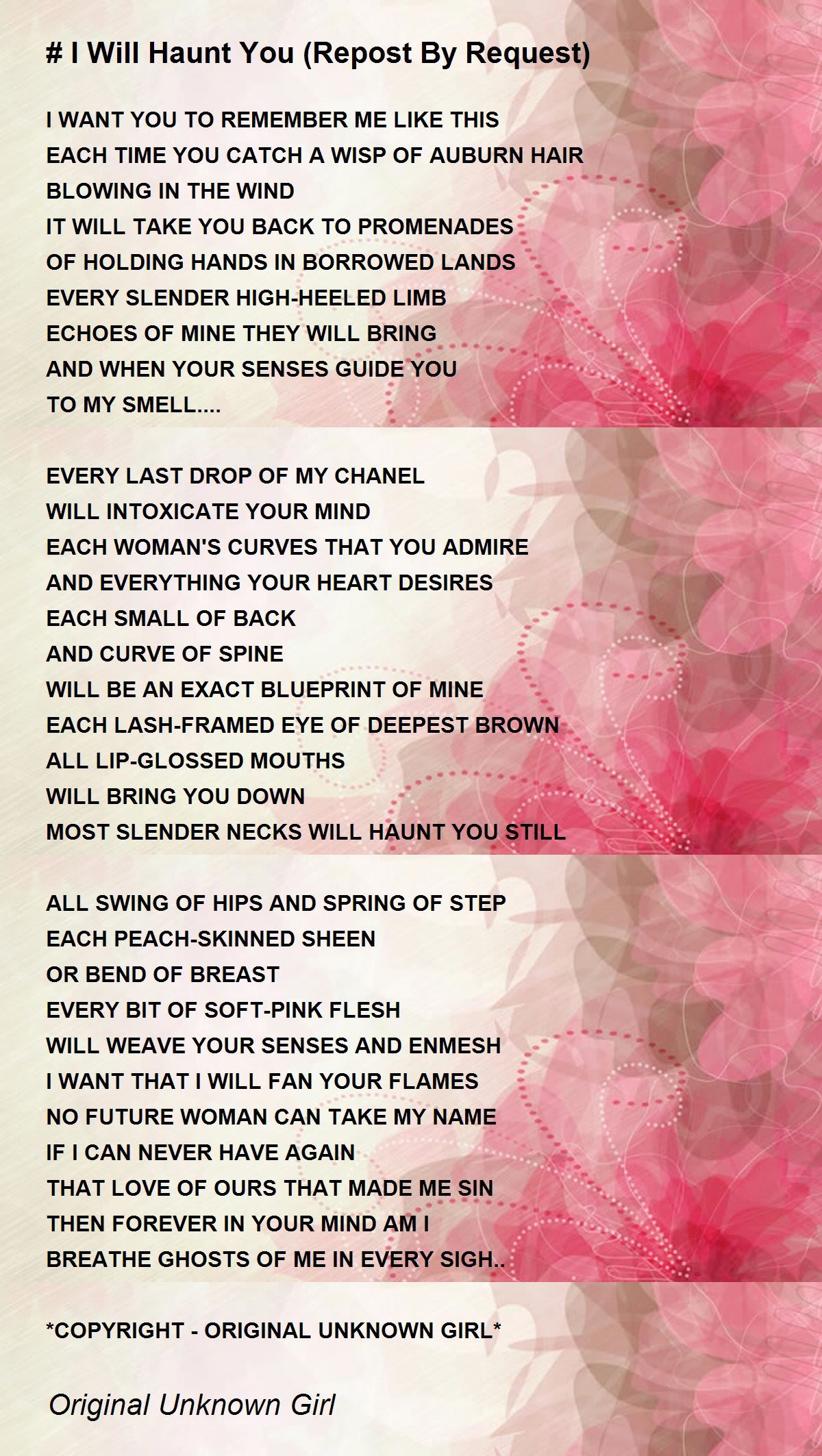# I Will Haunt You (Repost By Request) Poem by Original Unknown Girl ...