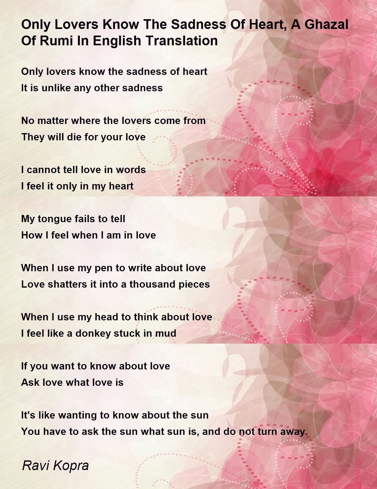 Only Lovers Know The Sadness Of Heart, A Ghazal Of Rumi In English