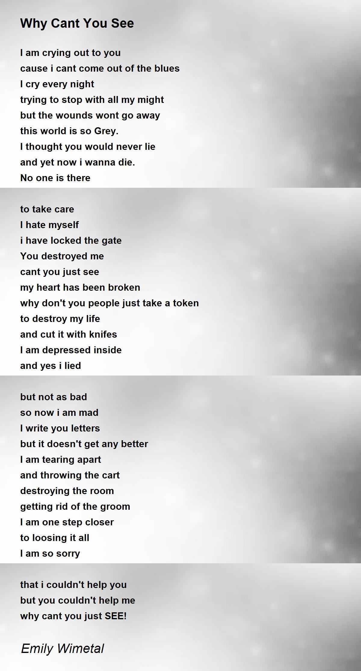 Why Cant You See by Emily Wimetal Why Cant You See Poem