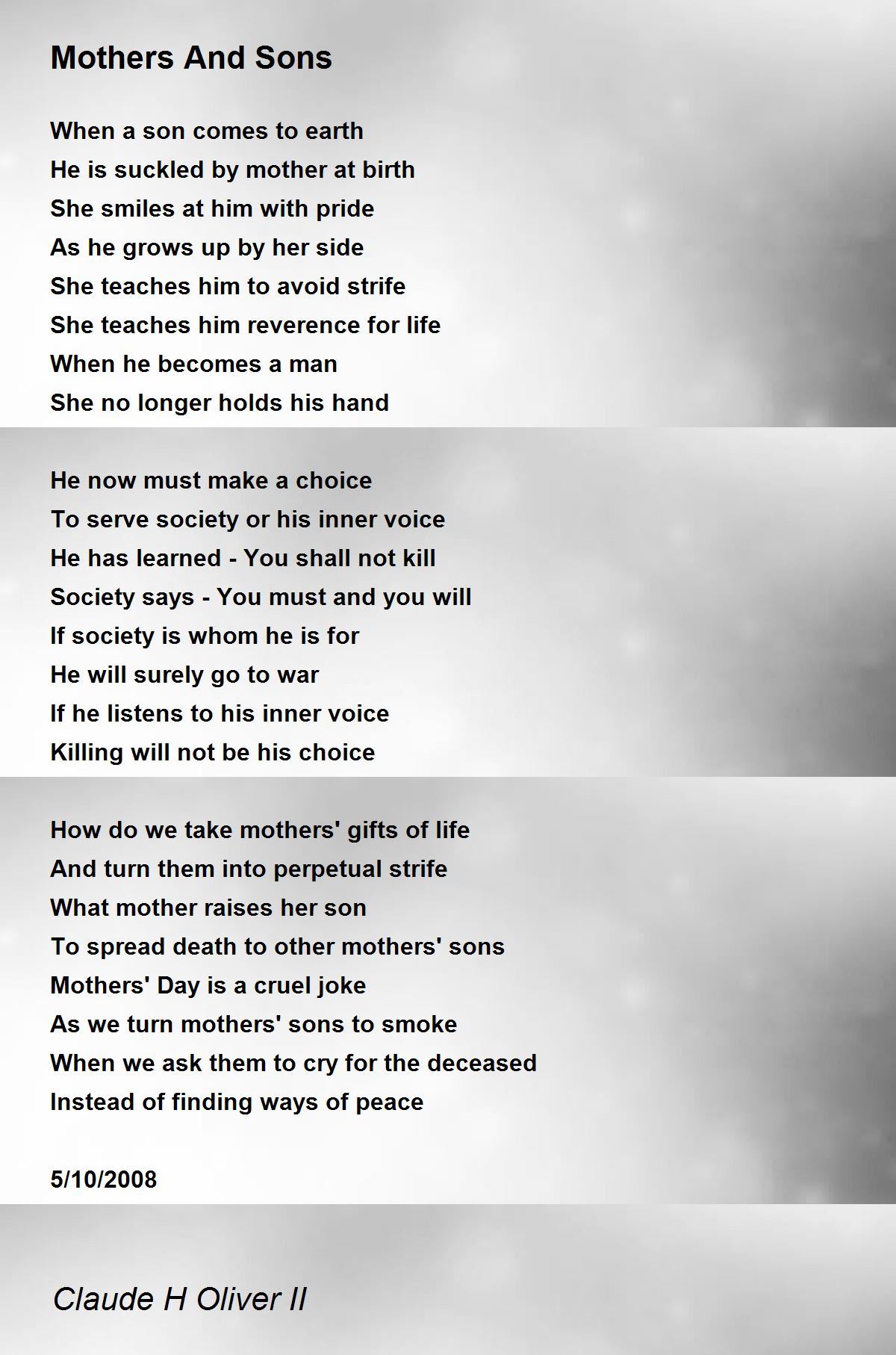 Mothers And Sons By Claude H Oliver Ii Mothers And Sons Poem