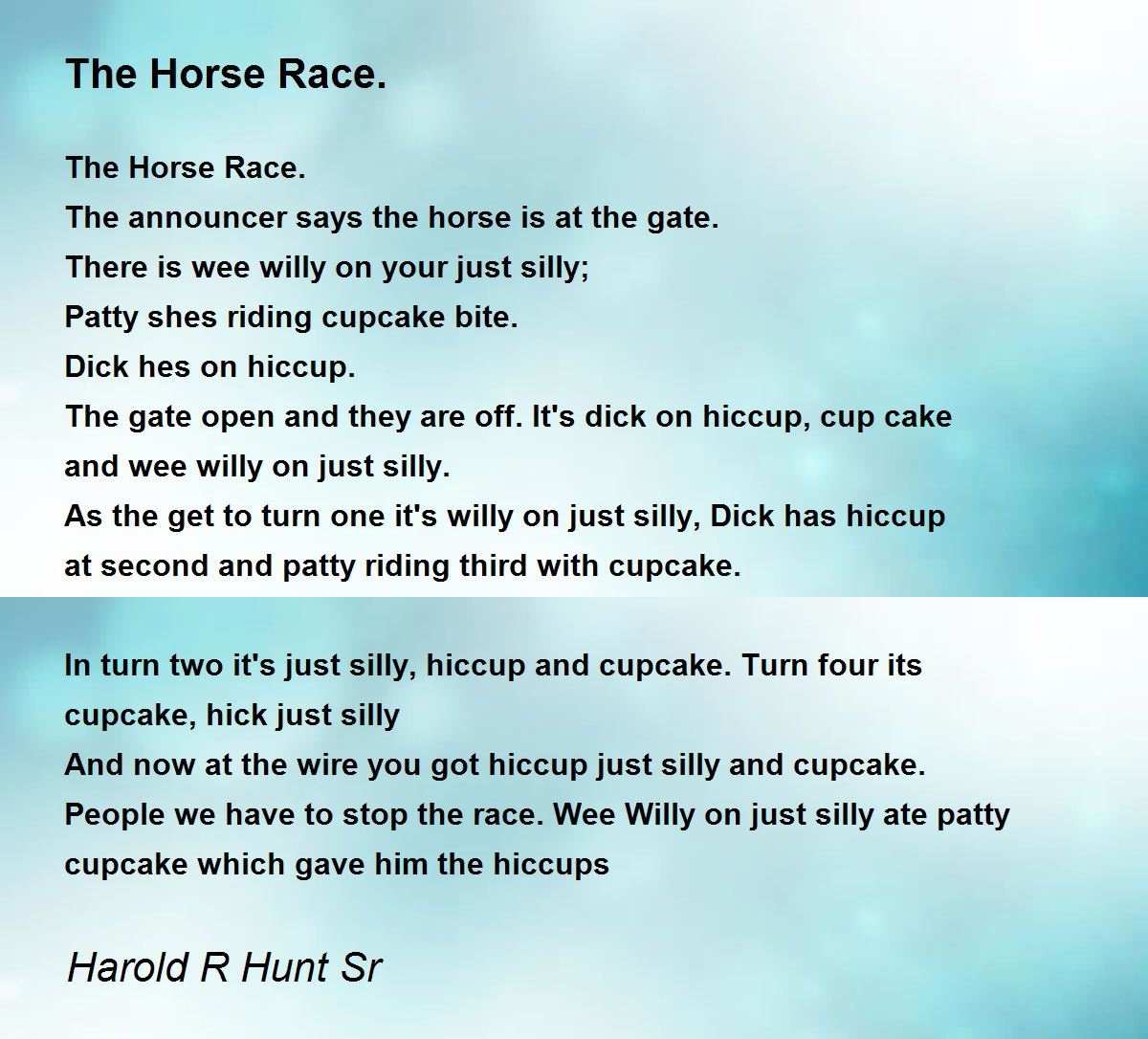 The Horse Race. The Horse Race. Poem by Harold R Hunt Sr