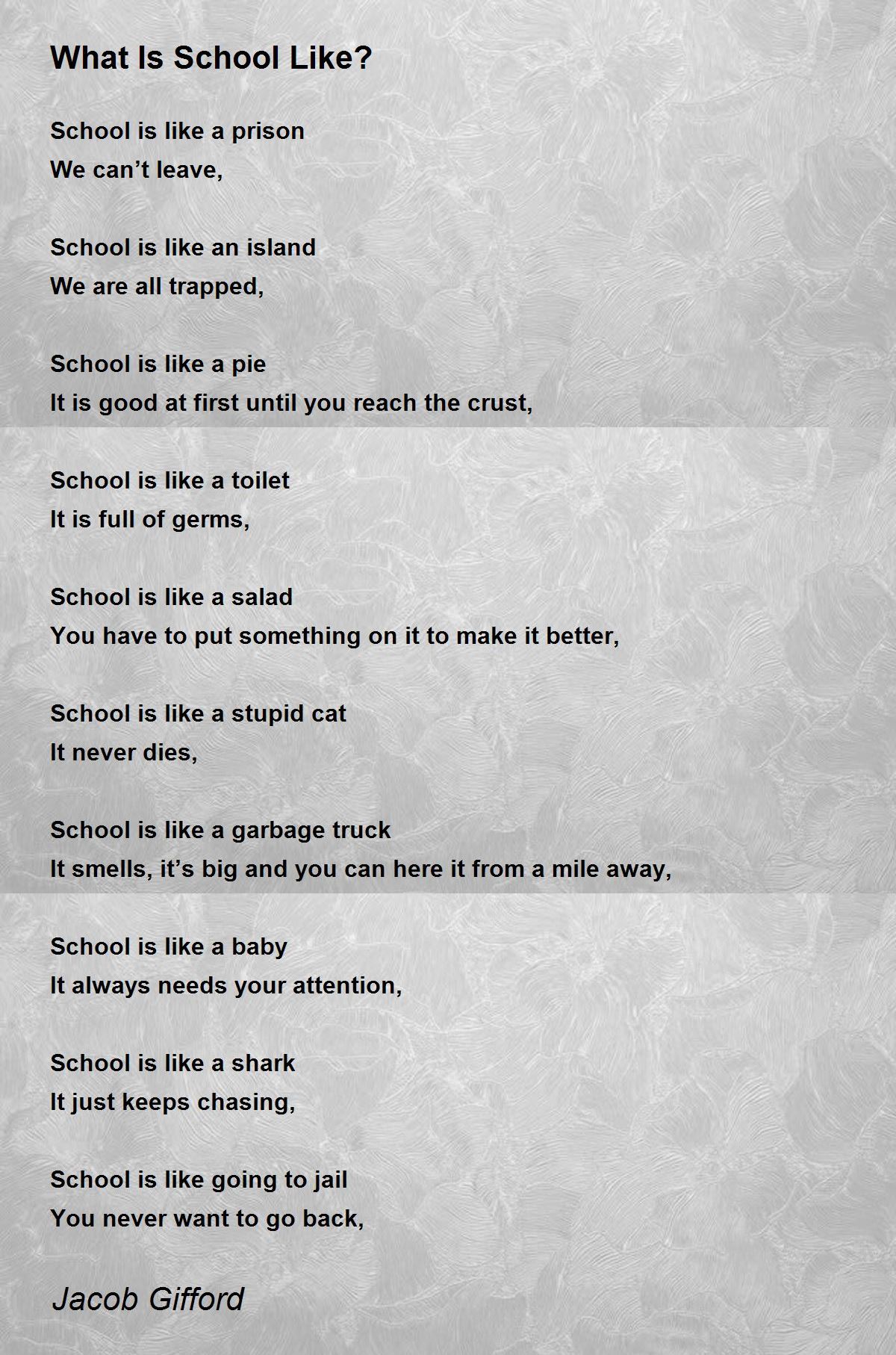What Is School Like? What Is School Like? Poem by Jacob Gifford