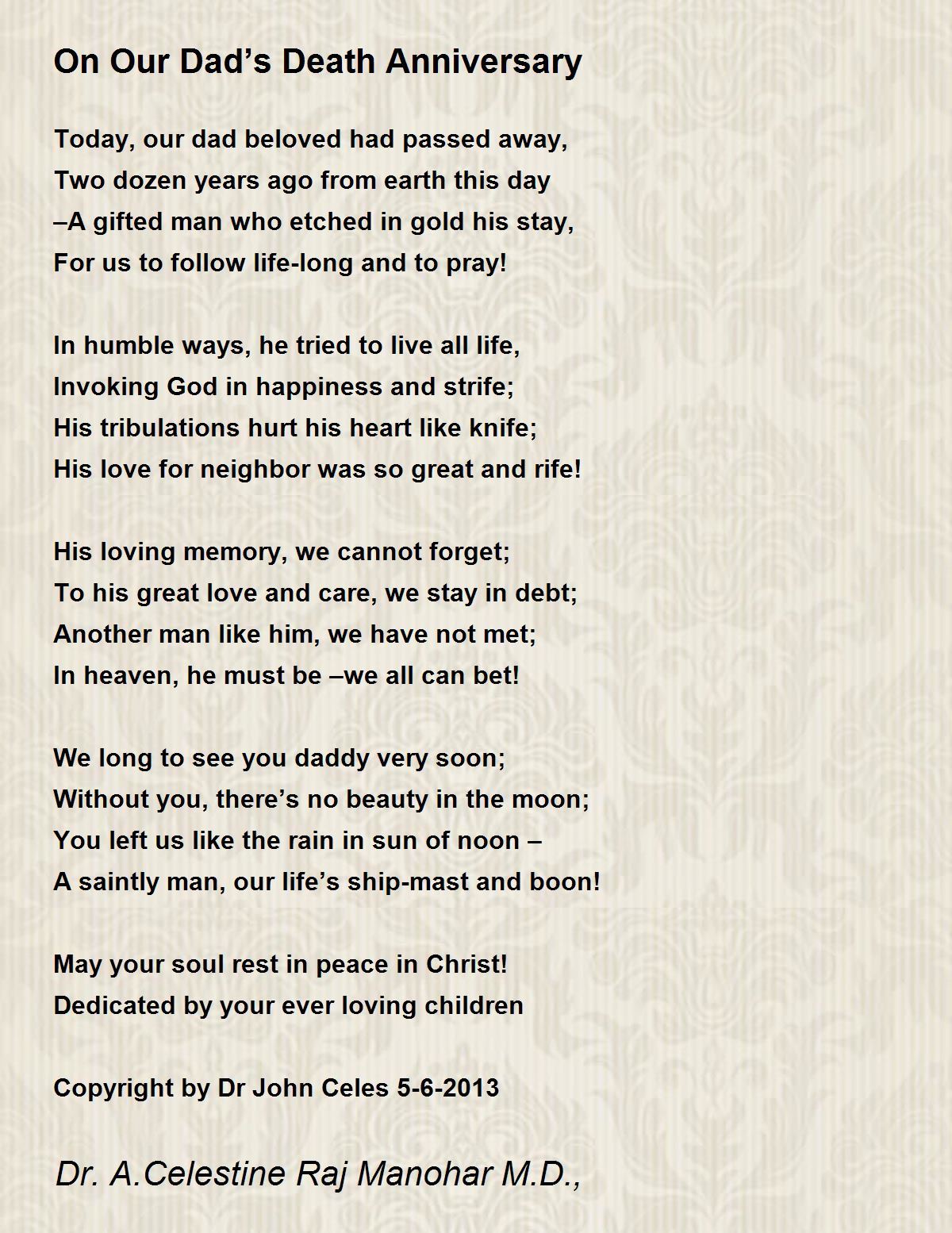 On Our Dad's Death Anniversary - On Our Dad's Death Anniversary Poem By Dr John Celes