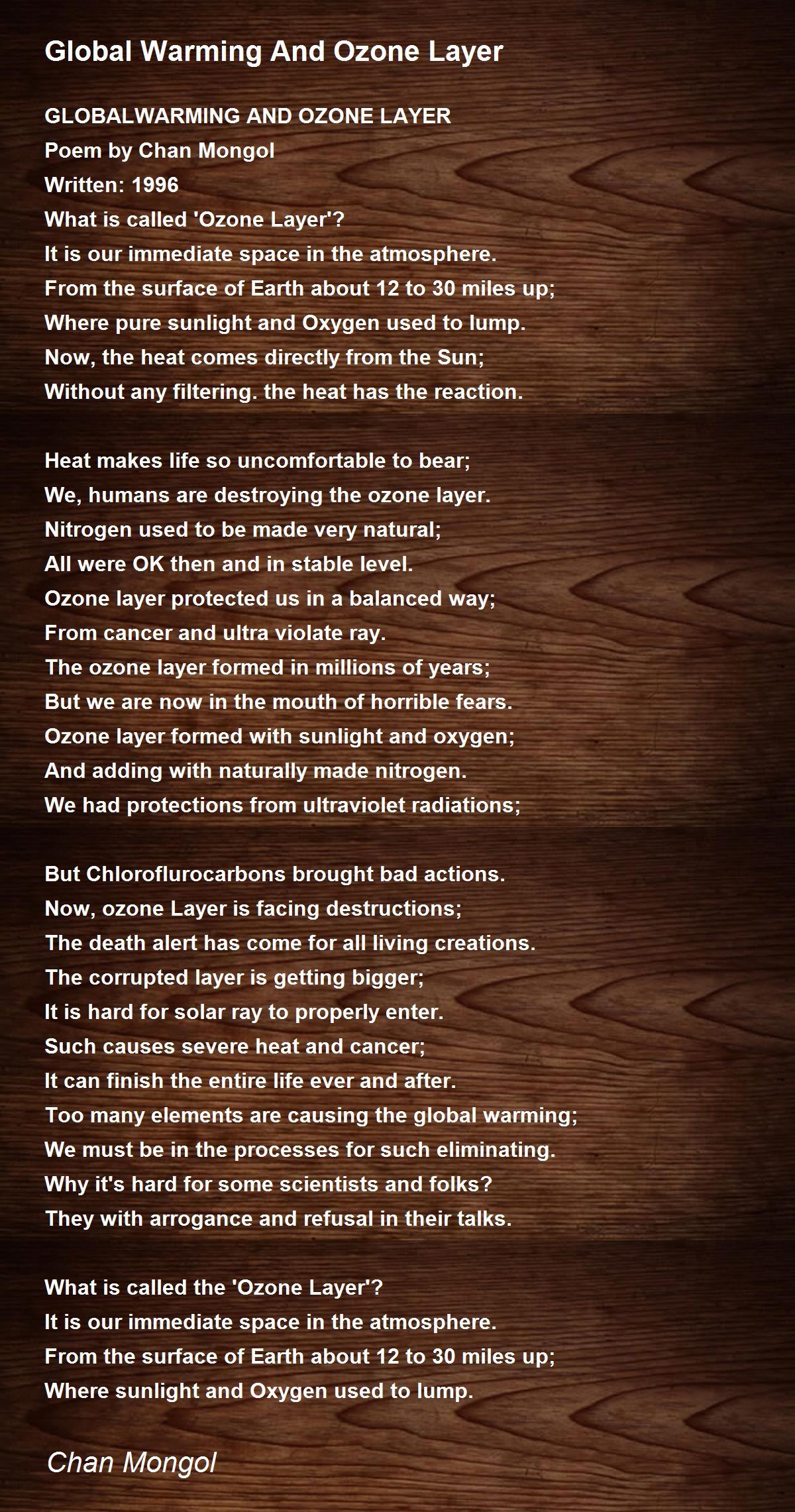 Global Warming And Ozone Layer Poem by Chan Mongol - Poem Hunter