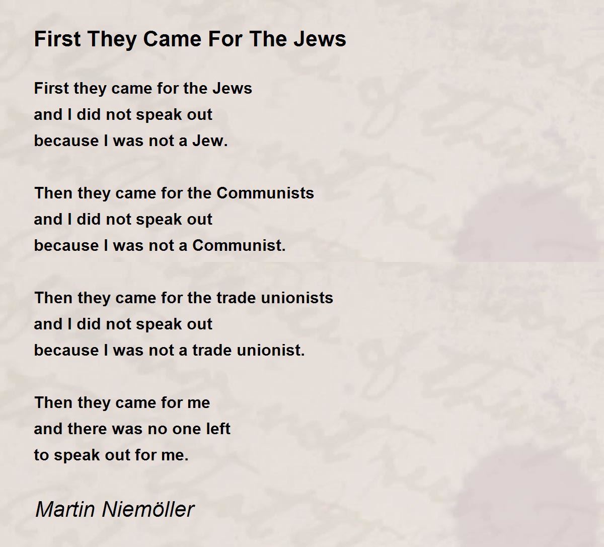 First they came for the jews and i did nothing First They Came For The Jews Poem By Martin Niemoller Poem Hunter