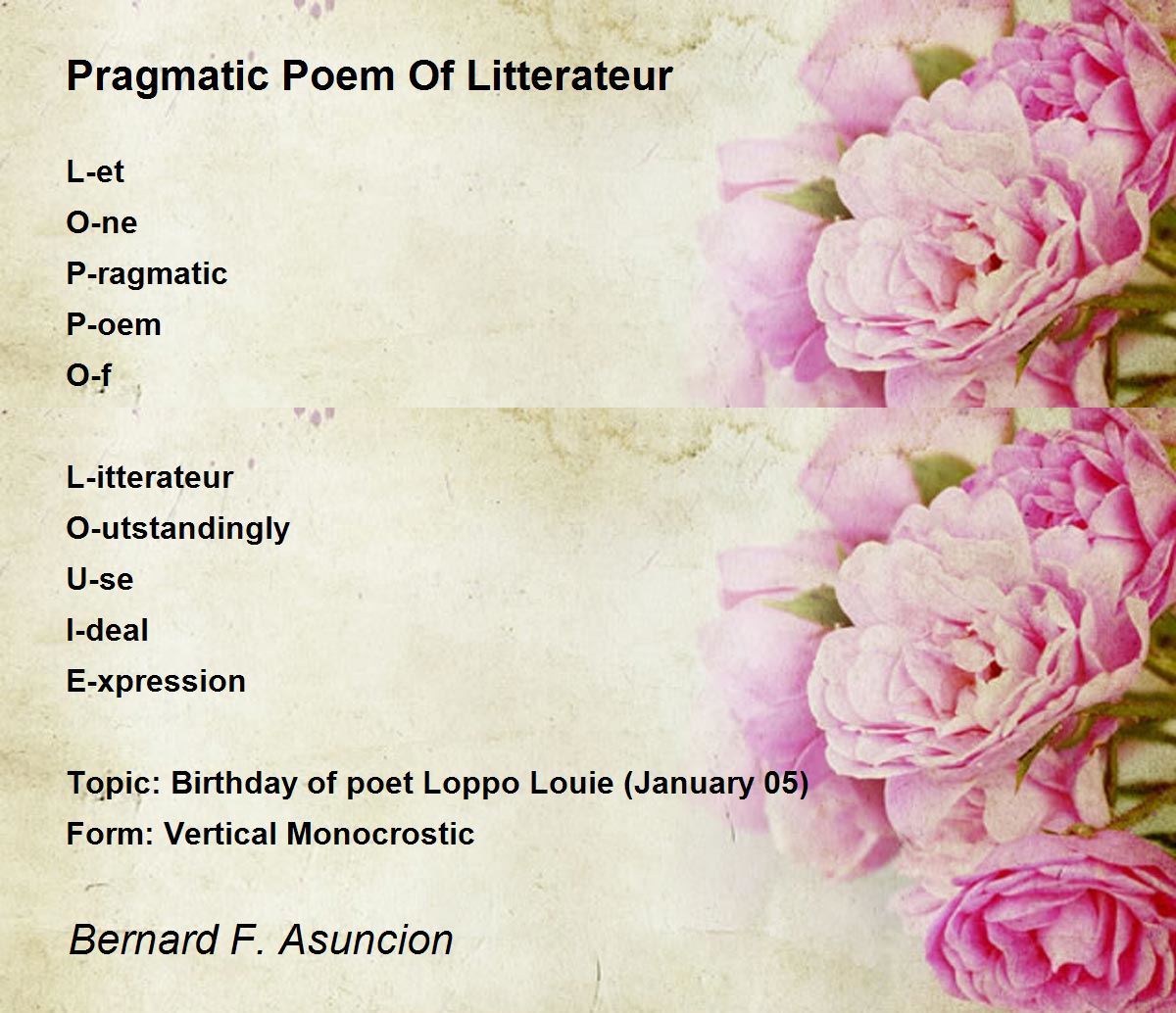 Pragmatic Poem Of Litterateur By Bernard F Asuncion Pragmatic Poem Of Litterateur Poem