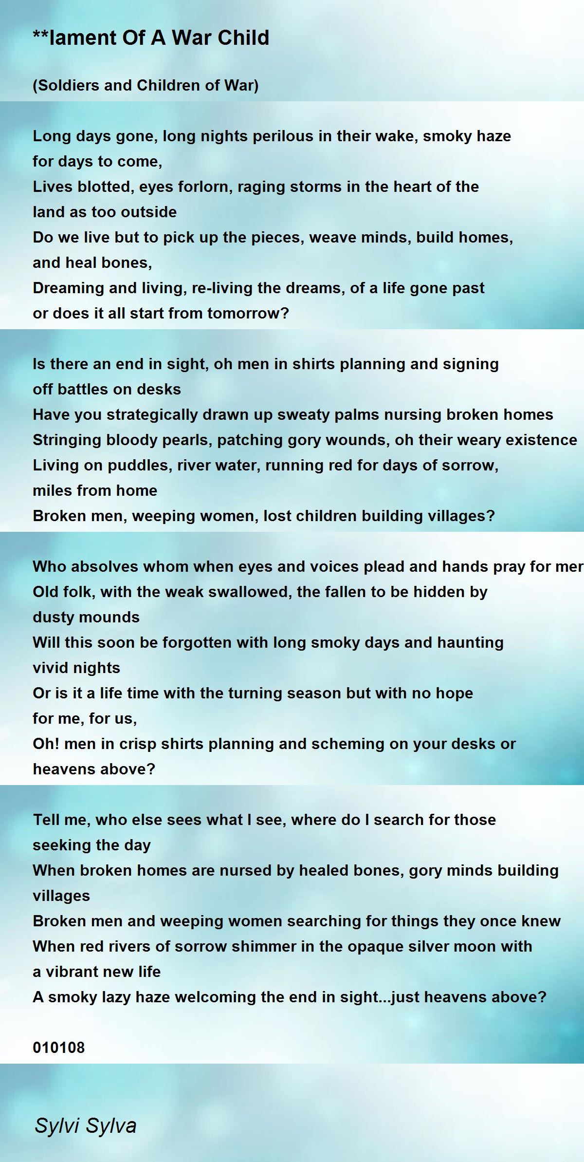 **lament Of A War Child by Sylvi Sylva **lament Of A War Child Poem