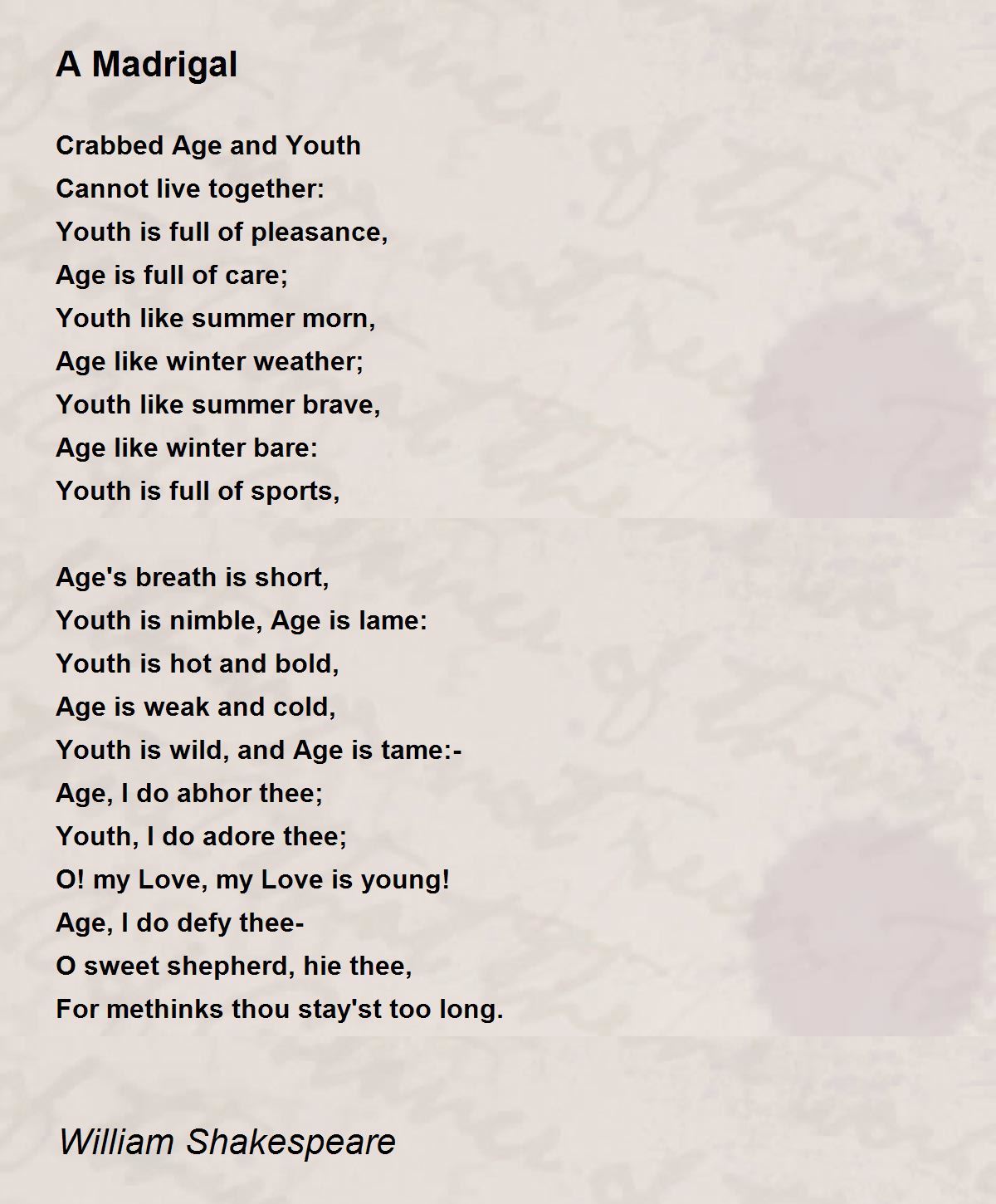 A Madrigal Poem by William Shakespeare - Poem Hunter.