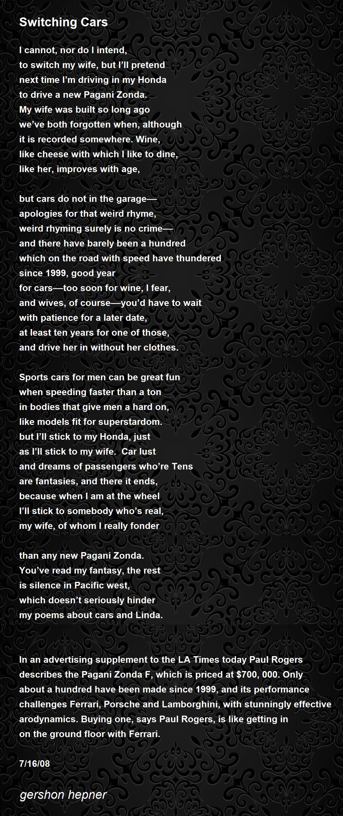 Switching Cars by gershon hepner - Switching Cars Poem