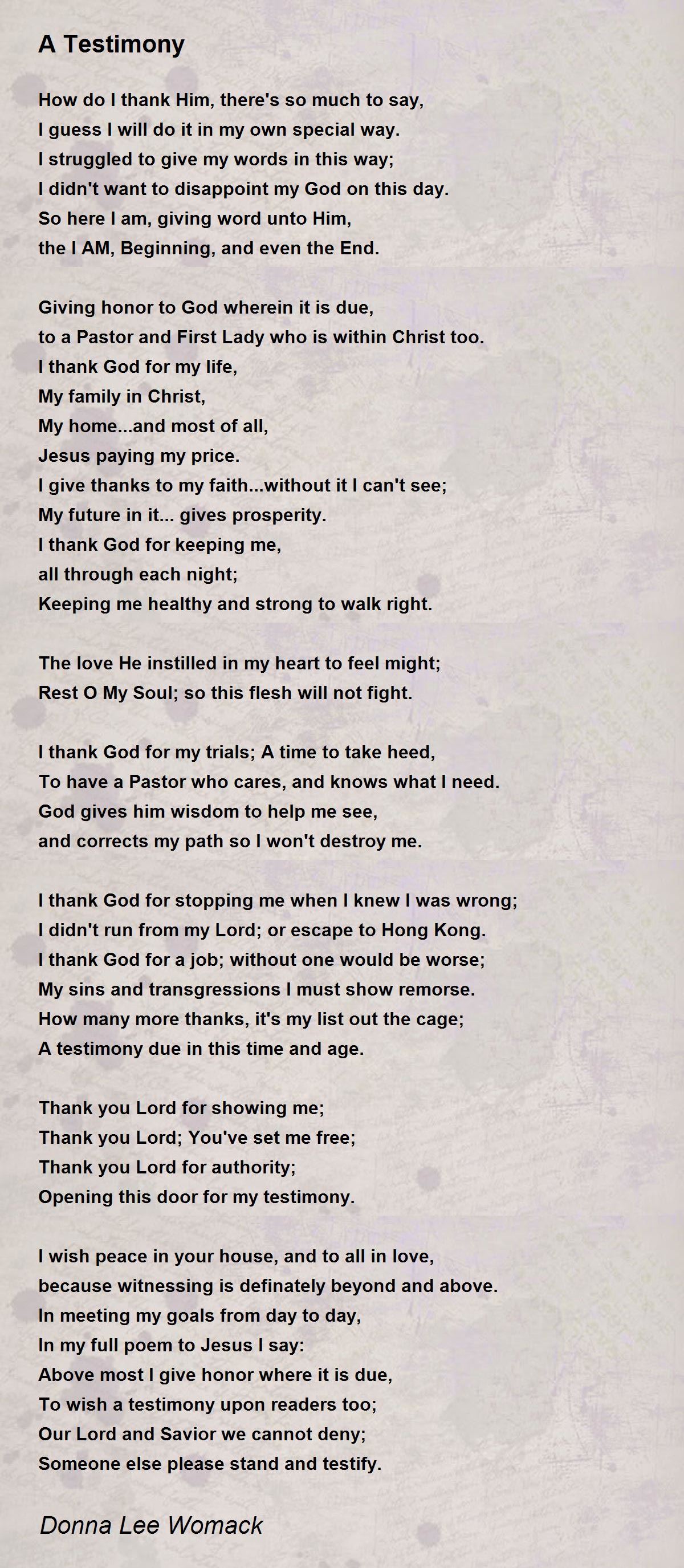 A Testimony A Testimony Poem by Donna Lee Womack