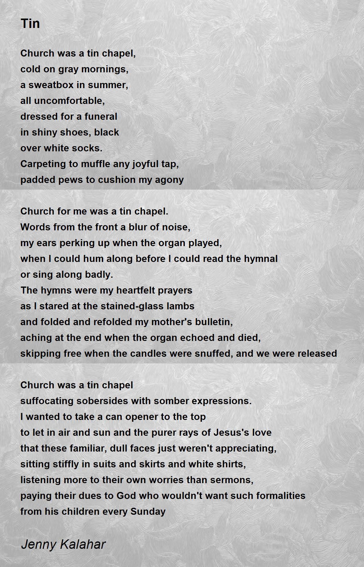 Tin by Jenny Kalahar Tin Poem