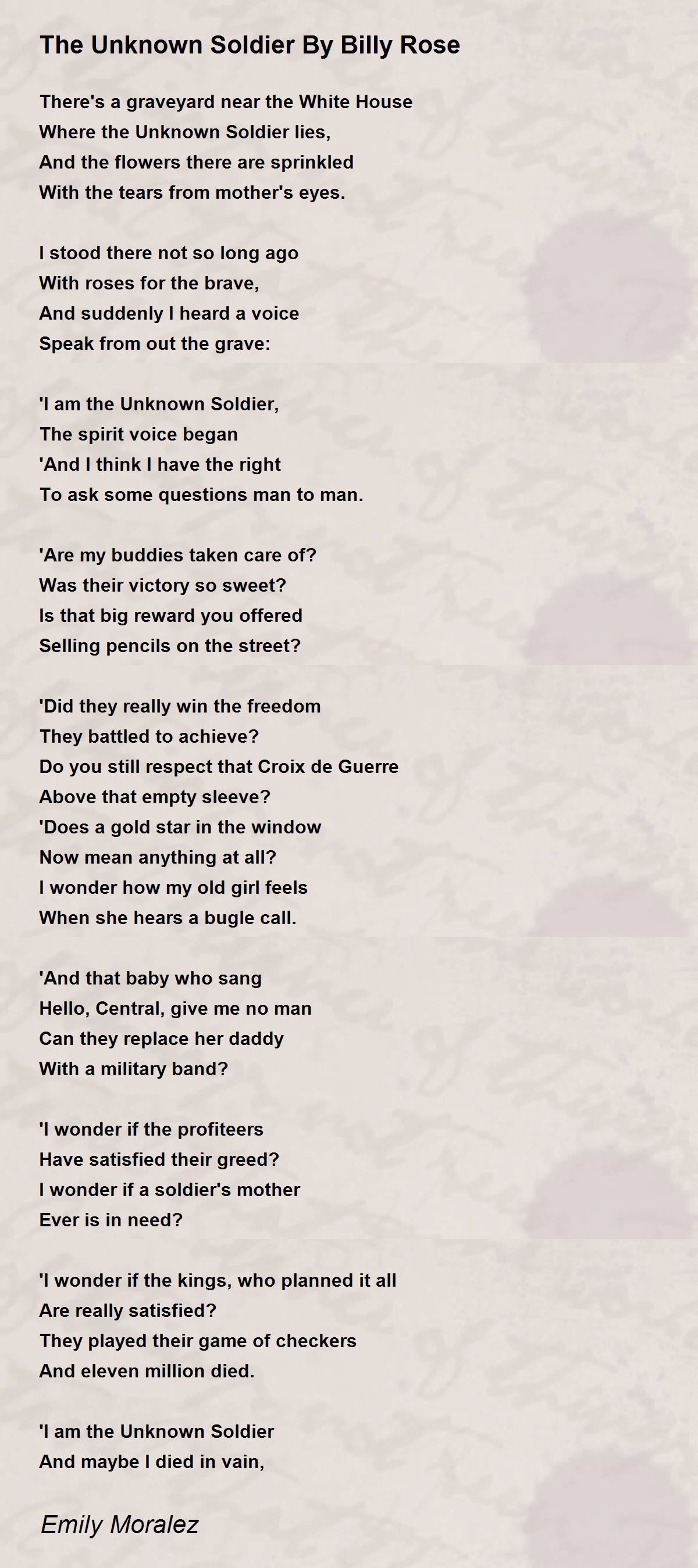 The Unknown Soldier By Billy Rose The Unknown Soldier By Billy Rose Poem by Emily Moralez