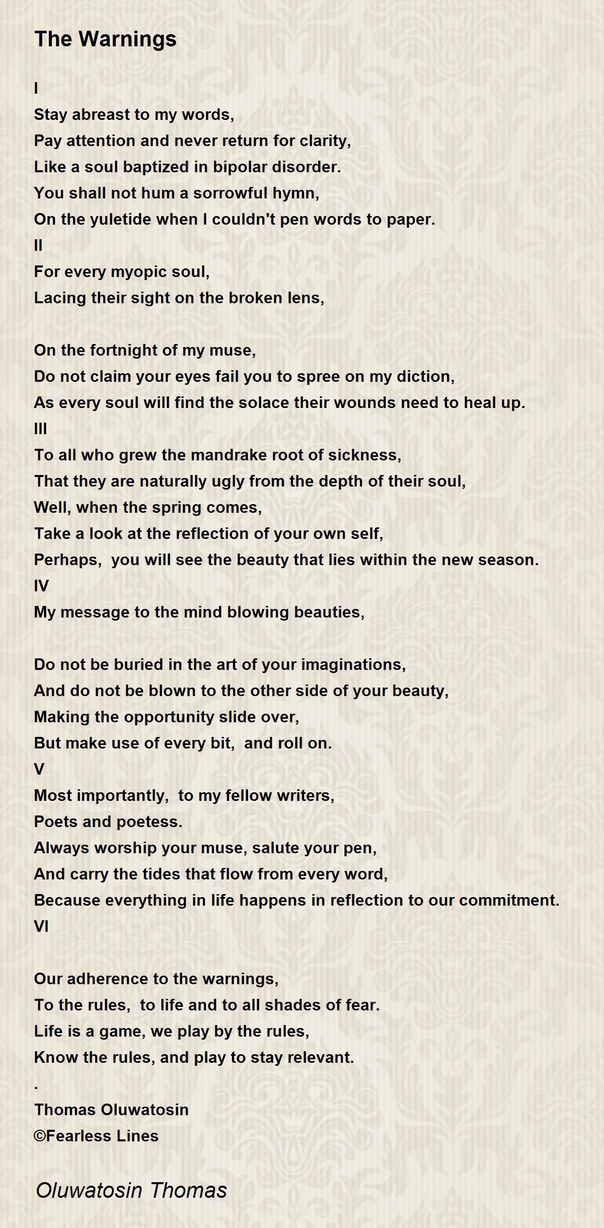 The Warnings by Oluwatosin Thomas The Warnings Poem