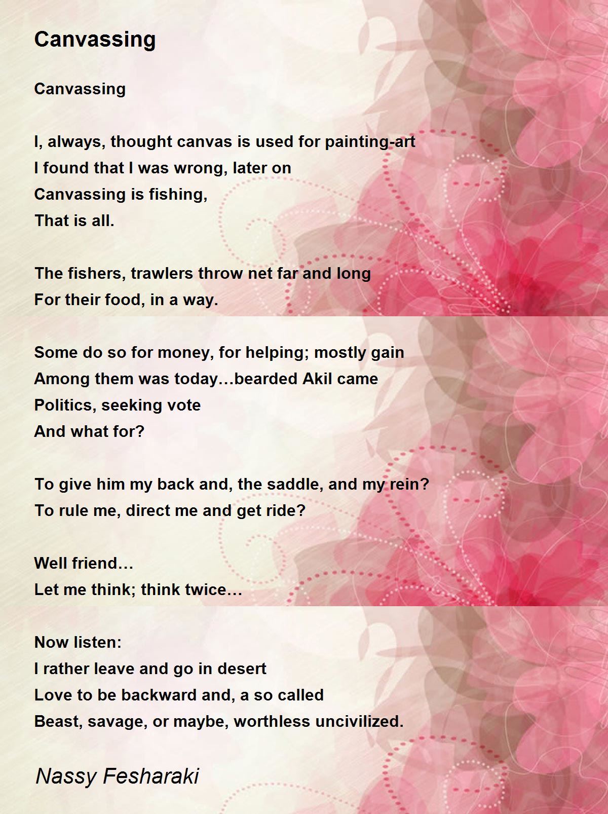 Canvassing Canvassing Poem by Nassy Fesharaki