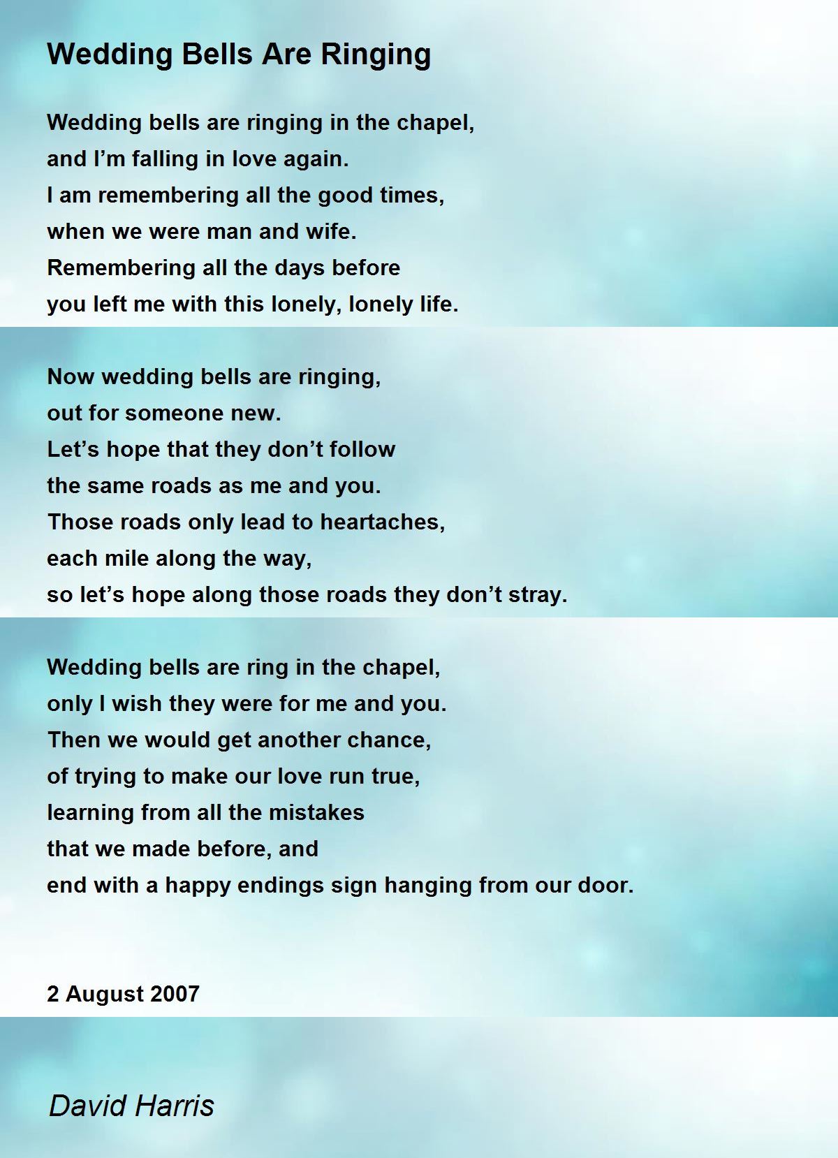 Wedding Bells Are Ringing By David Harris Wedding Bells Are Ringing Poem