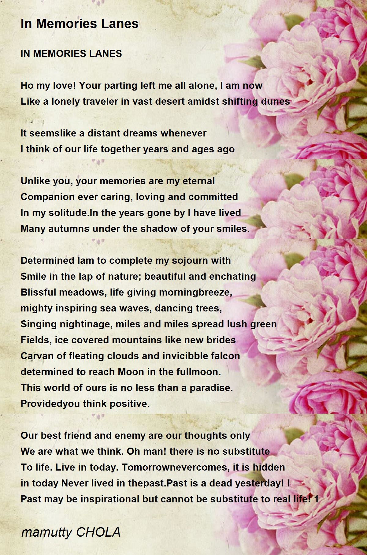 In Memories Lanes In Memories Lanes Poem by mamutty CHOLA