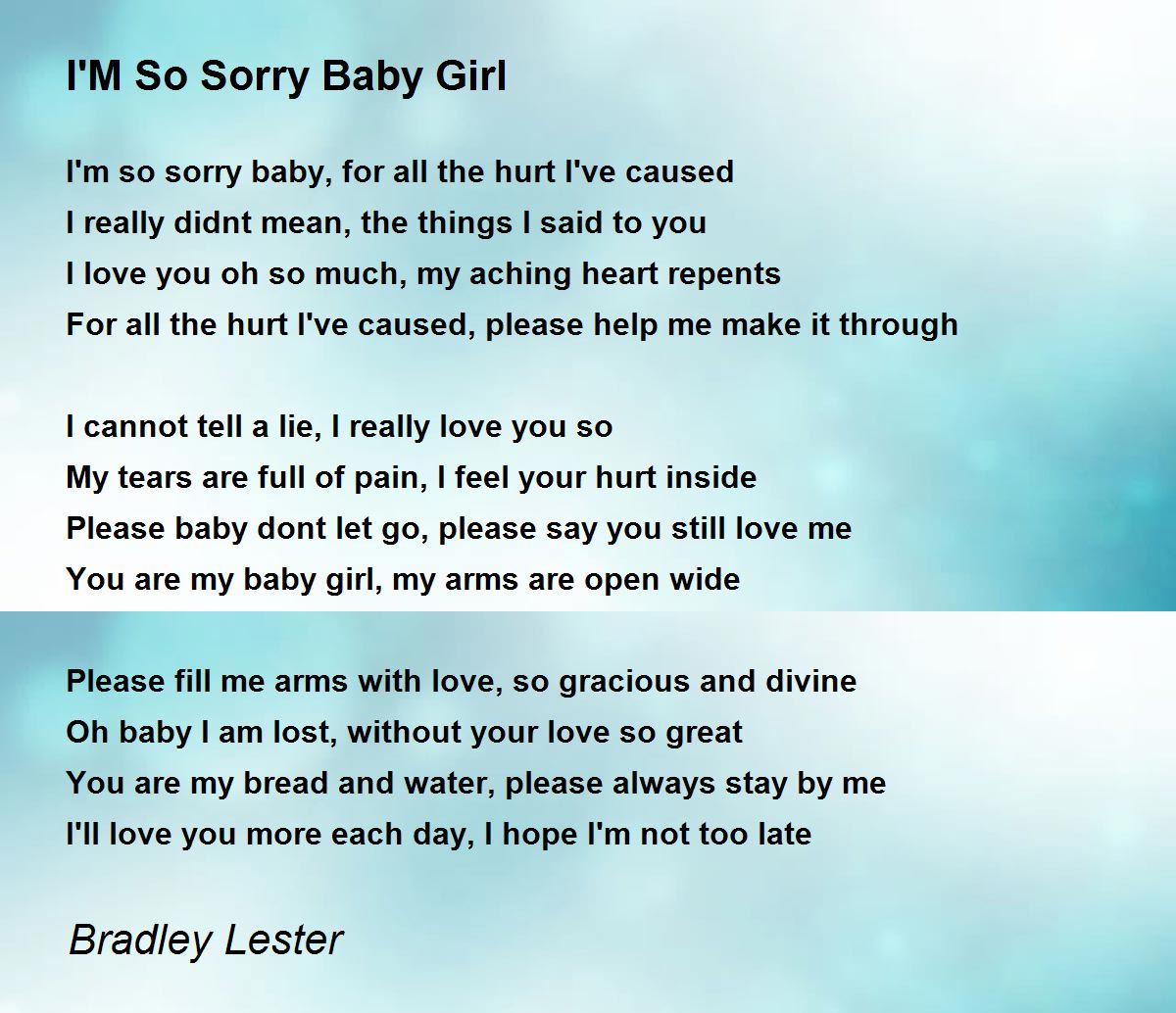 I M So Sorry Baby Girl By Bradley Lester I M So Sorry Baby Girl Poem
